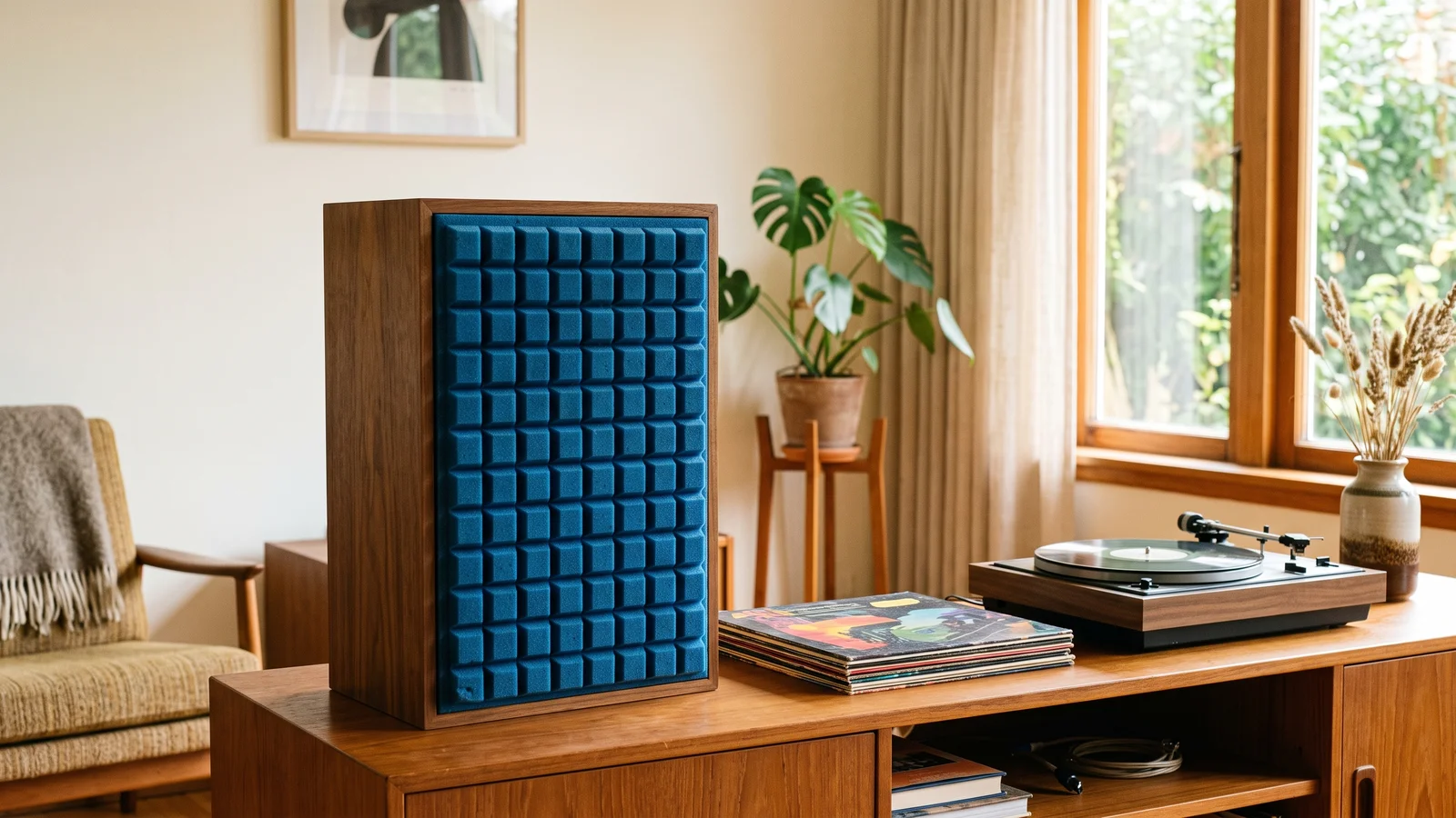 A walnut bookshelf loudspeaker with a thick blue molded-foam grille in a chunky waffle grid pattern on a mid-century sideboard beside a turntable and records, evoking the 1970s JBL L100 look
