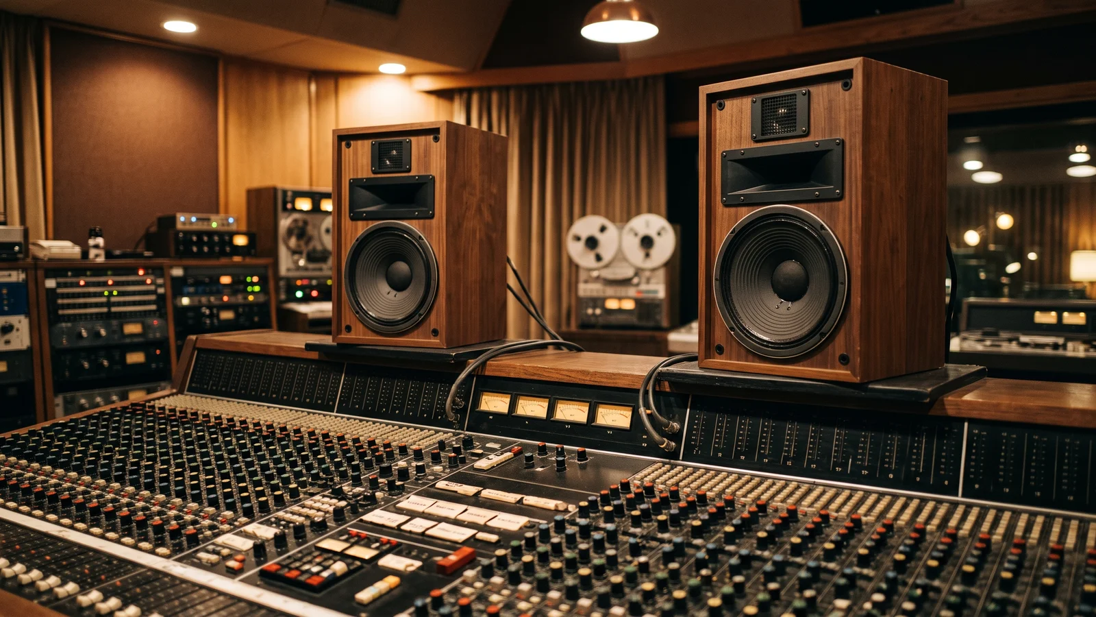 Two large walnut three-way studio monitor loudspeakers on the meter bridge of a 1970s recording-studio mixing console, the kind of nearfield monitors JBL made standard in control rooms