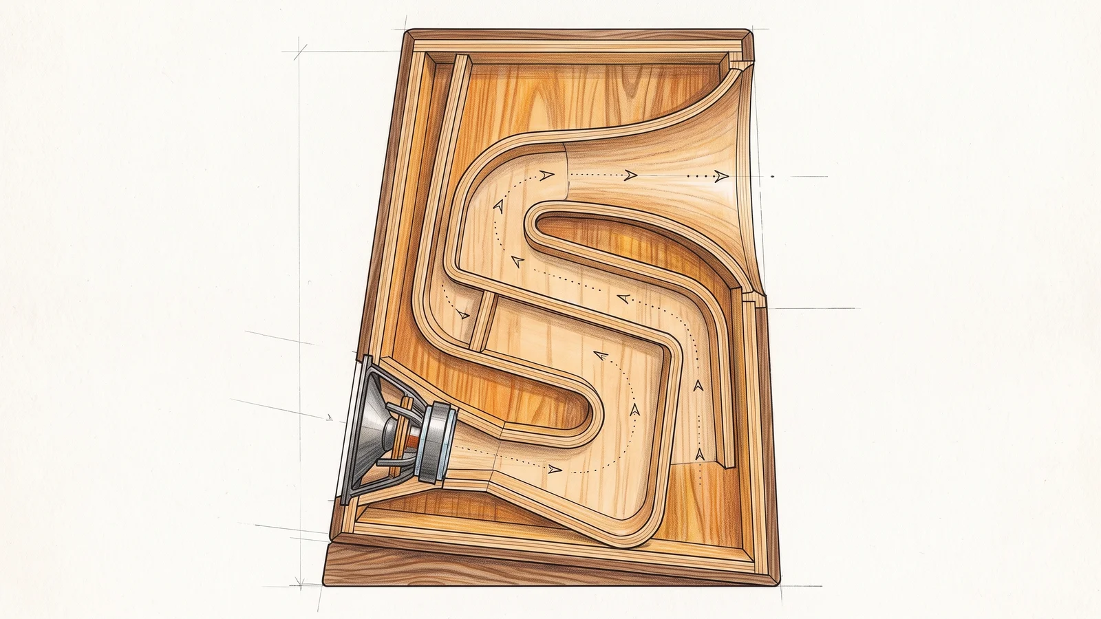 A cross-section cutaway illustration of a folded-horn loudspeaker cabinet showing the internal horn path and layers of raw hardwood veneer
