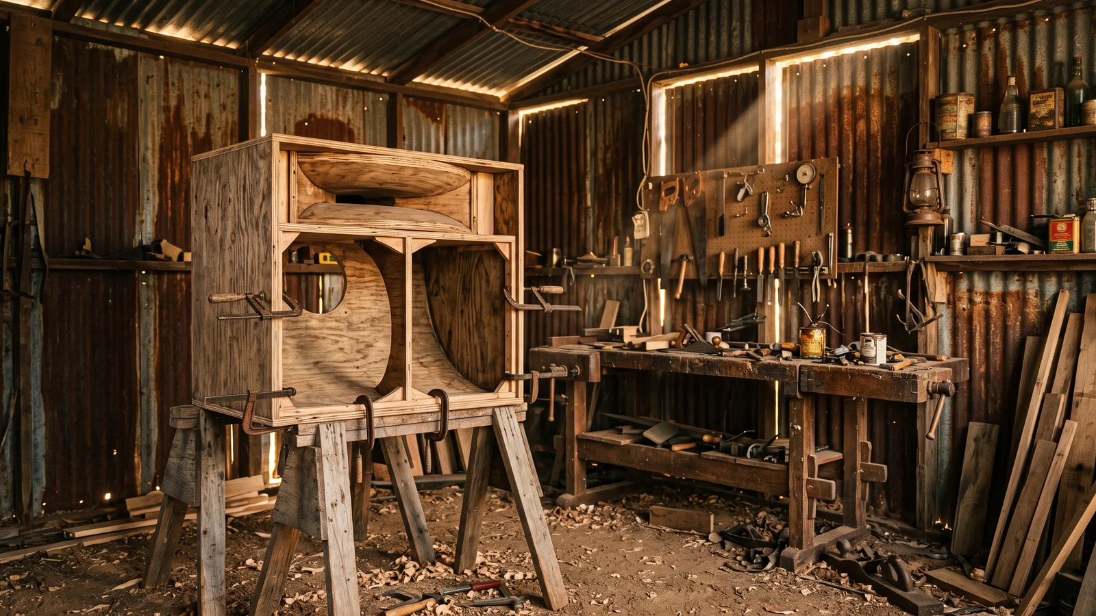 The interior of a small rustic 1940s corrugated-tin workshop shed with an early hand-built wooden corner-horn loudspeaker cabinet under construction on sawhorses, hand tools on a workbench, and dusty sunlight, evoking the tin shed where Klipsch began in Hope, Arkansas