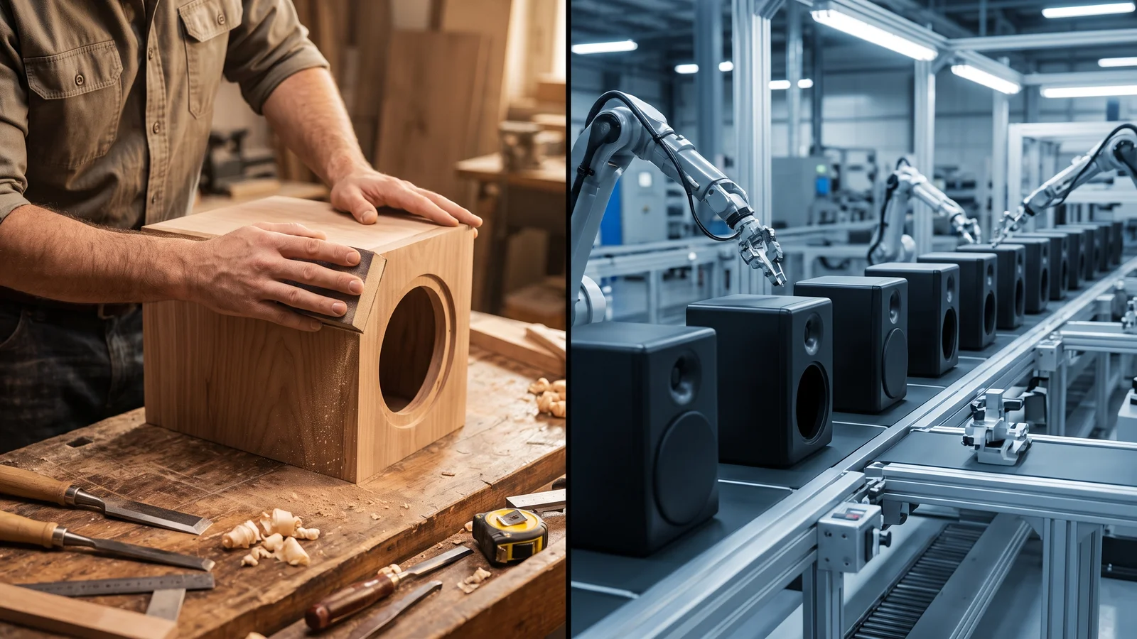 A two-panel split image contrasting a craftsman hand-finishing a hardwood loudspeaker cabinet in a workshop on the left with an automated factory assembly line producing black plastic speakers on the right