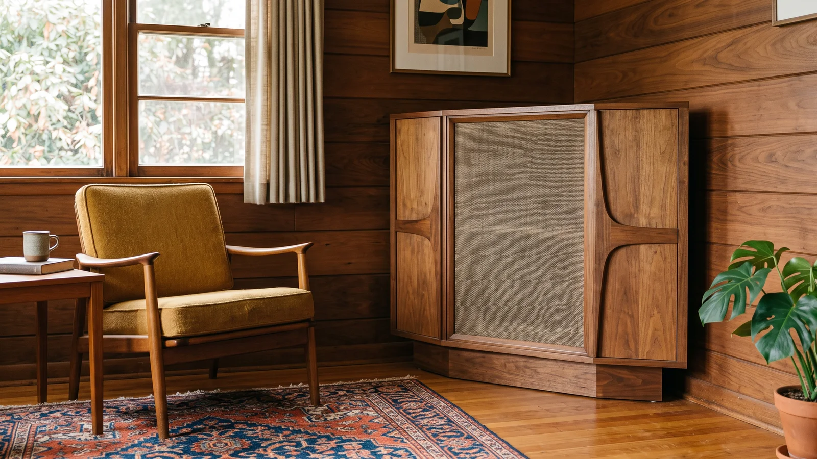 A large angular wood-veneer corner horn loudspeaker tucked into the 90-degree corner of a wood-paneled mid-century living room, with a period armchair and rug nearby, illustrating how a corner horn uses the room's walls