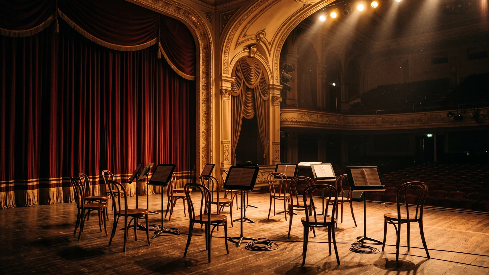 A grand 1950s concert-hall stage with a heavy stage curtain half-drawn, a row of empty musicians' chairs and music stands under warm stage light, evoking a live-versus-recorded loudspeaker demonstration