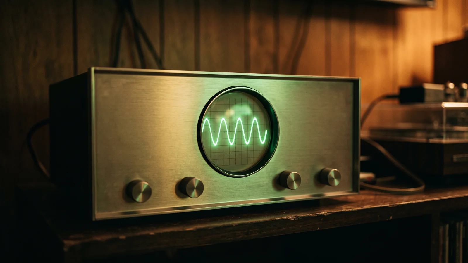 A vintage 1960s FM tuner component with a round green oscilloscope tuning display glowing on its faceplate, in a dim listening room