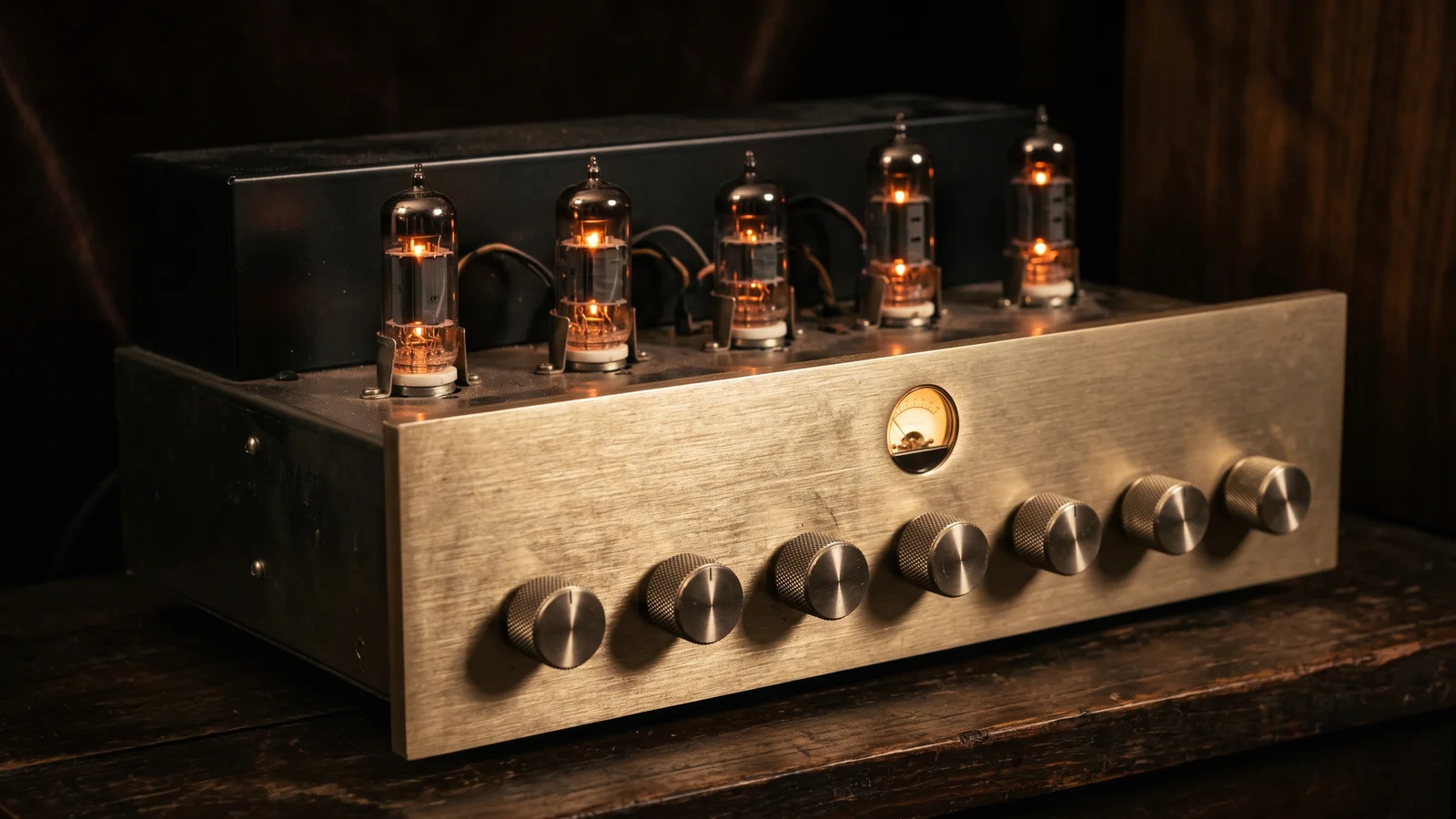 A vintage tube preamplifier with a brushed champagne-gold faceplate and warmly glowing vacuum tubes visible on the chassis, in the style of a late-1950s hi-fi component