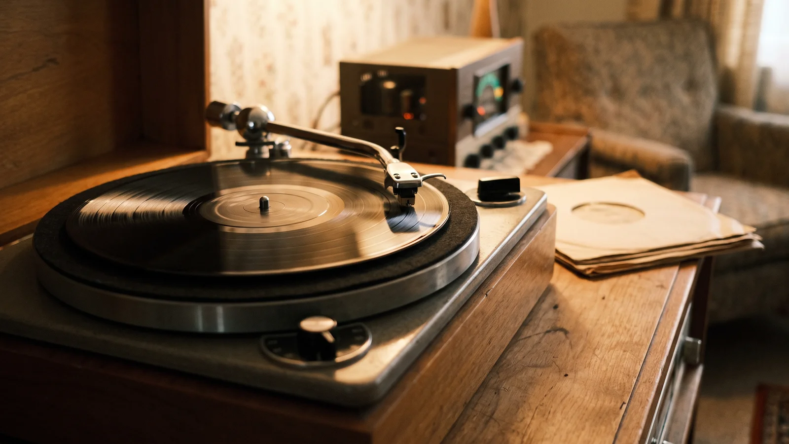 A vintage early-1950s turntable playing a vinyl LP beside a stack of plain record sleeves and a tube component, evoking the phono equalization problem that pushed Saul Marantz to build his first preamplifier