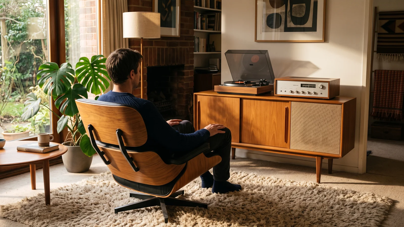 A 1960s living room with a wood-cabinet hi-fi console and a listener seated in an armchair, evoking the era Amar Bose began studying how we hear music