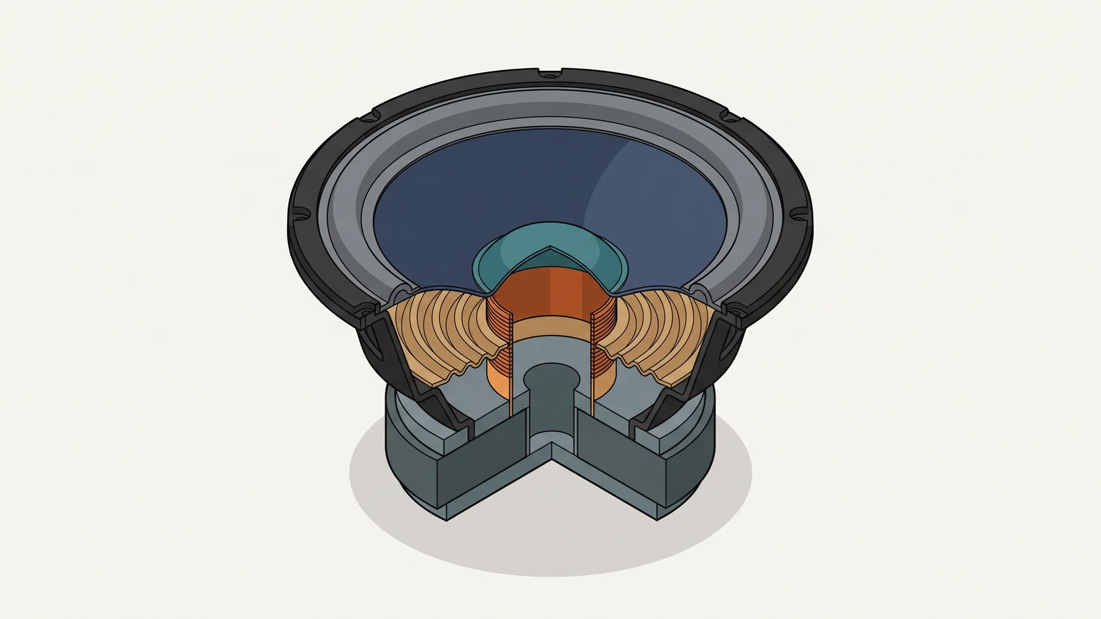 A clean annotated cutaway concept of a moving-coil speaker driver showing the magnet, voice coil, cone, spider, surround, and basket