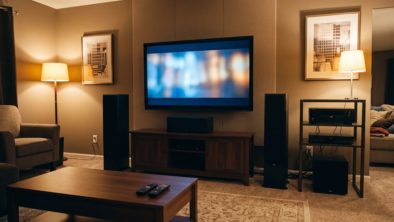 A cozy 2000s-era living-room home theater with a wall-mounted TV, a center speaker beneath it, two floor-standing tower speakers, a black AV receiver on a rack, and a compact subwoofer, illustrating the AV-receiver era Onkyo dominated