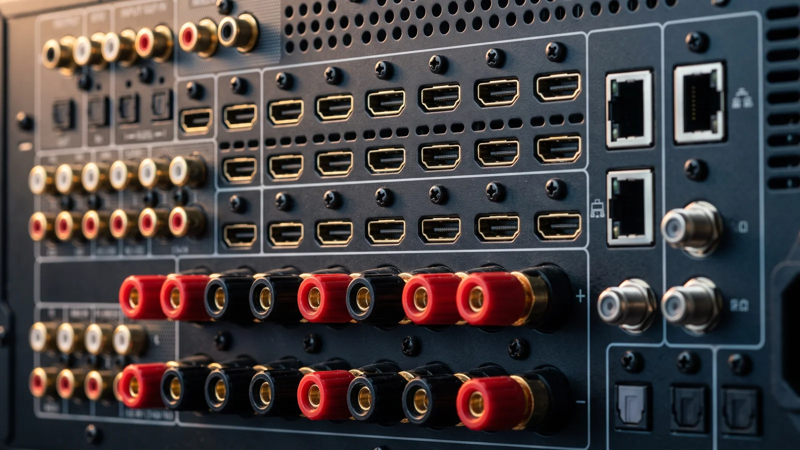 Close-up of the back panel of a modern black home AV receiver showing a dense wall of HDMI inputs and outputs, gold-plated speaker terminals, and network ports under raking light
