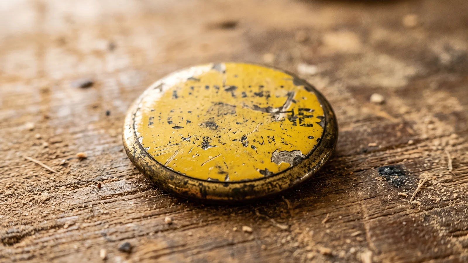 A vintage round yellow enamel lapel button lying on a worn wooden workbench, its lettering blurred and unreadable, evoking Paul Klipsch's famous callout button