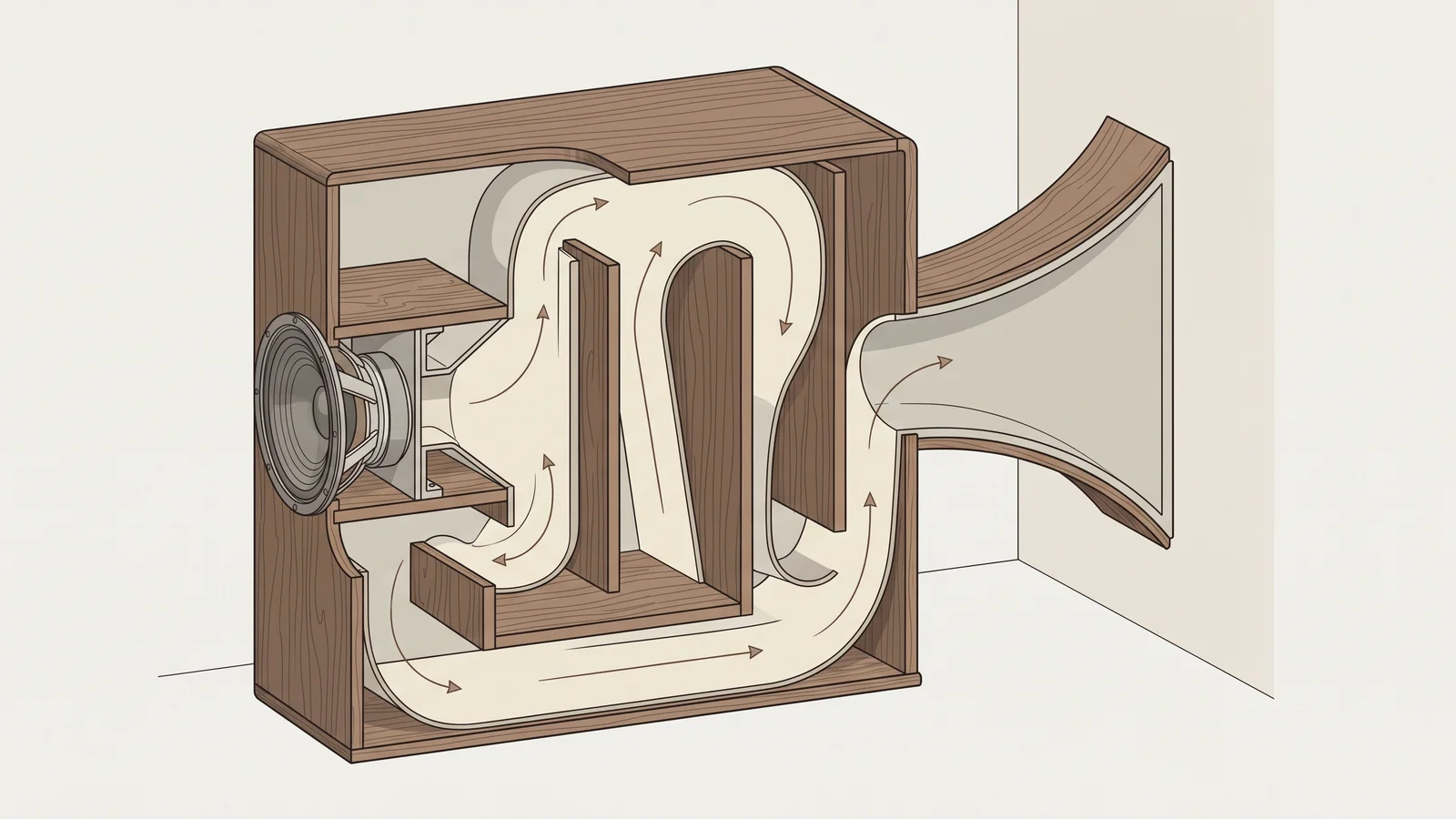 A clean cutaway diagram of a corner-loaded folded bass horn speaker showing the sound path folding back on itself inside the cabinet