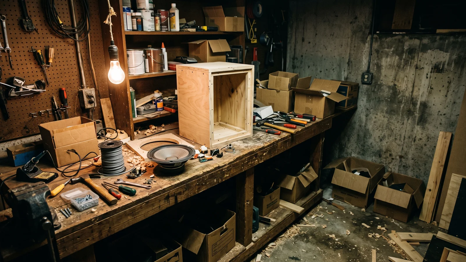 A cluttered 1970s home garage workbench with hand tools, a soldering iron, a spool of speaker wire, an unmounted woofer driver and a partially built plywood speaker cabinet under a bare hanging bulb, evoking a shoestring garage startup