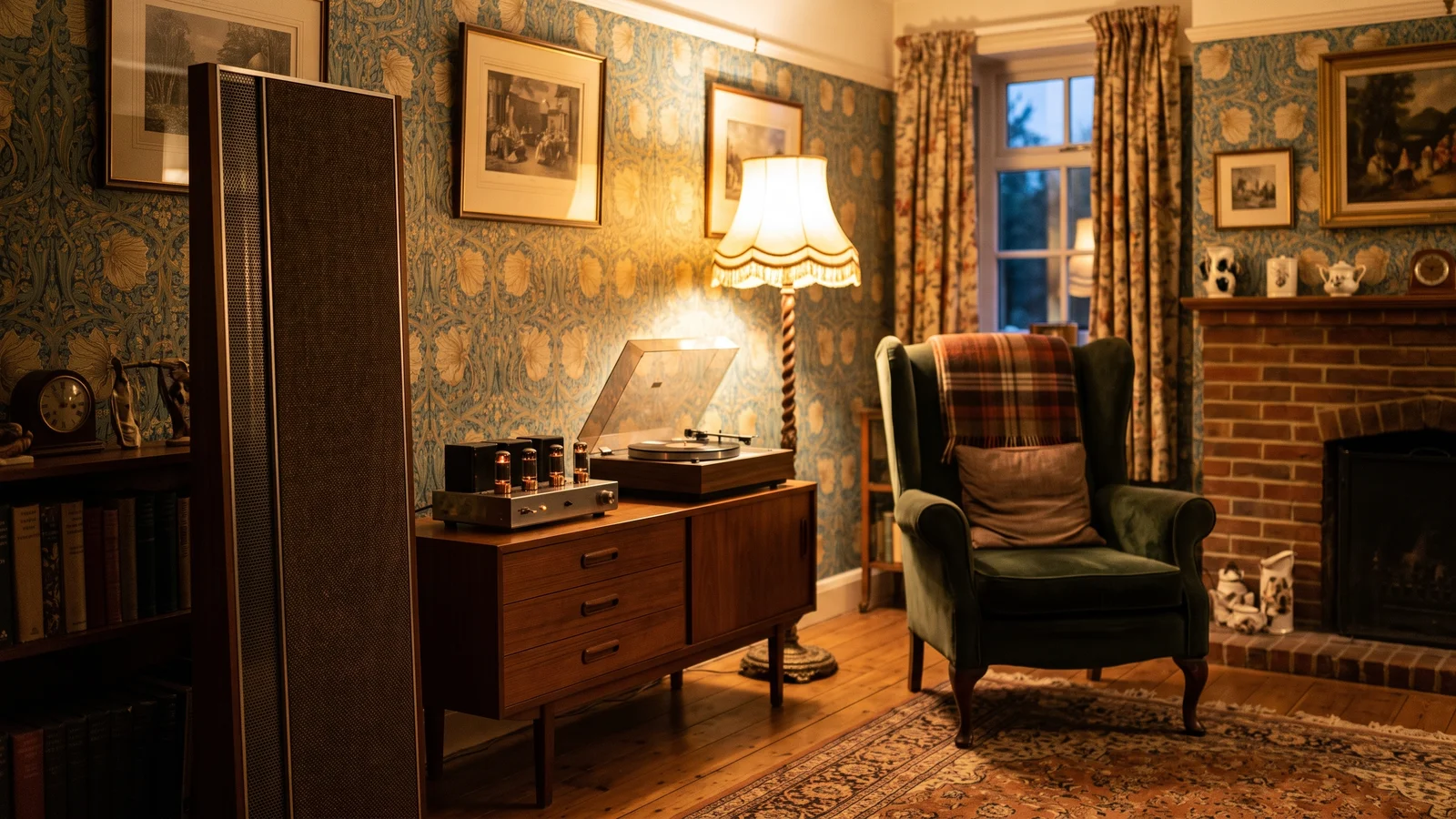 A tall, thin flat-panel electrostatic loudspeaker standing in a warm period English sitting room with a valve amplifier and turntable nearby, illustrating the 1957 Quad ESL