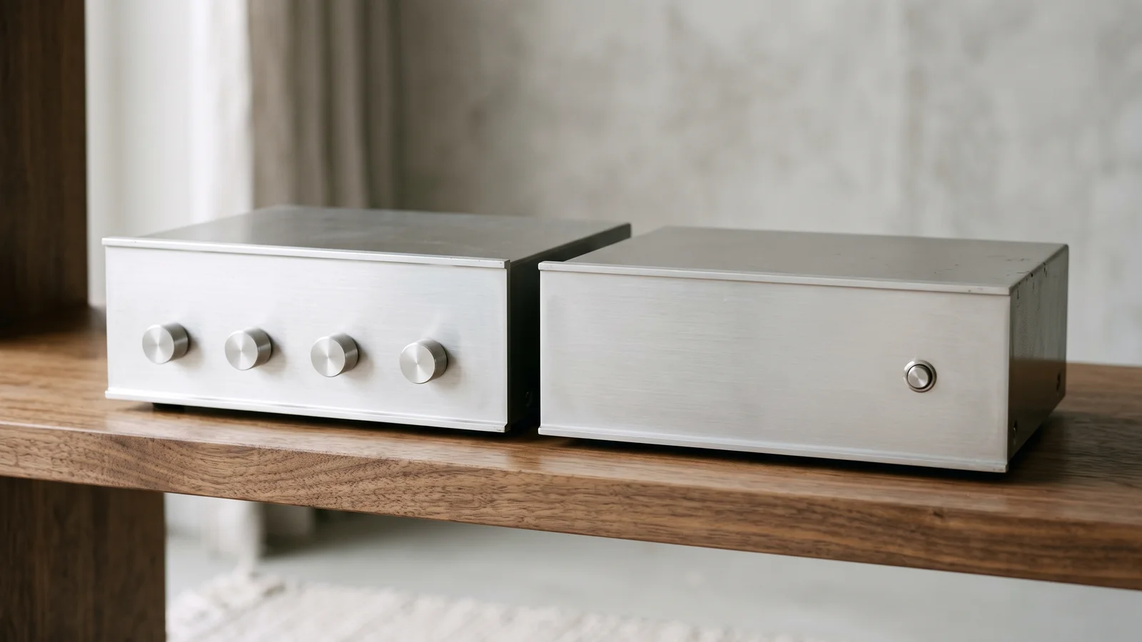 A minimalist late-1960s British solid-state preamplifier and matching power amplifier pair with clean brushed-metal faceplates on a walnut shelf, evoking the Quad 33 and 303 whose design entered the Museum of Modern Art
