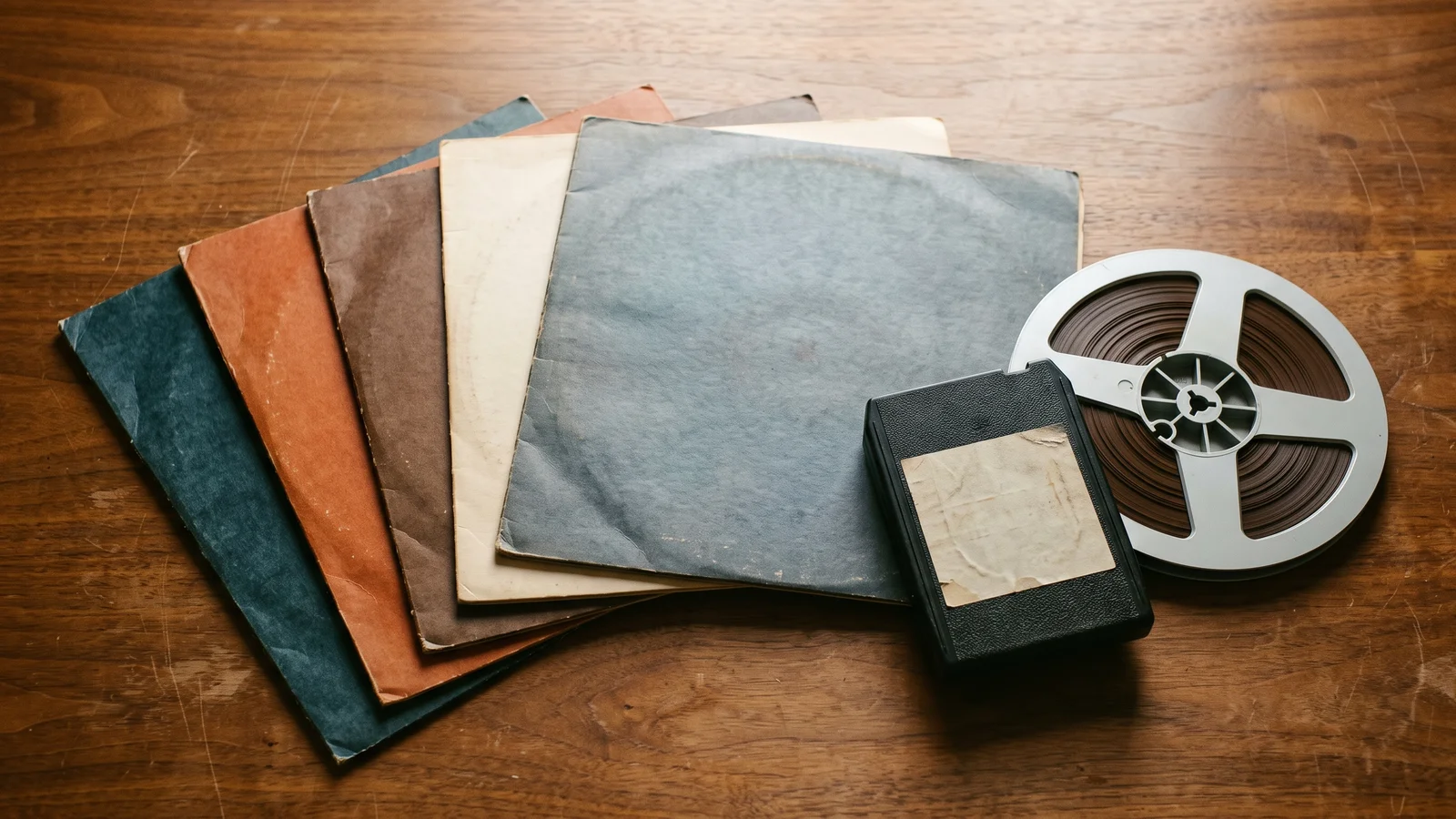 A stack of plain vinyl LP sleeves, an 8-track cartridge, and a reel-to-reel tape reel on a wood surface, the three media that carried quadraphonic sound