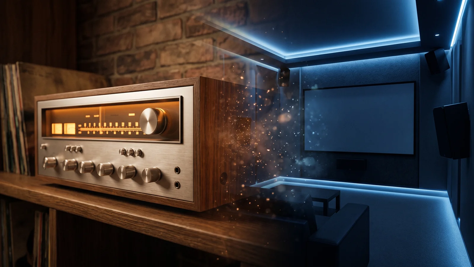 A vintage 1970s quadraphonic receiver on the left dissolving into a modern home theater surround room on the right