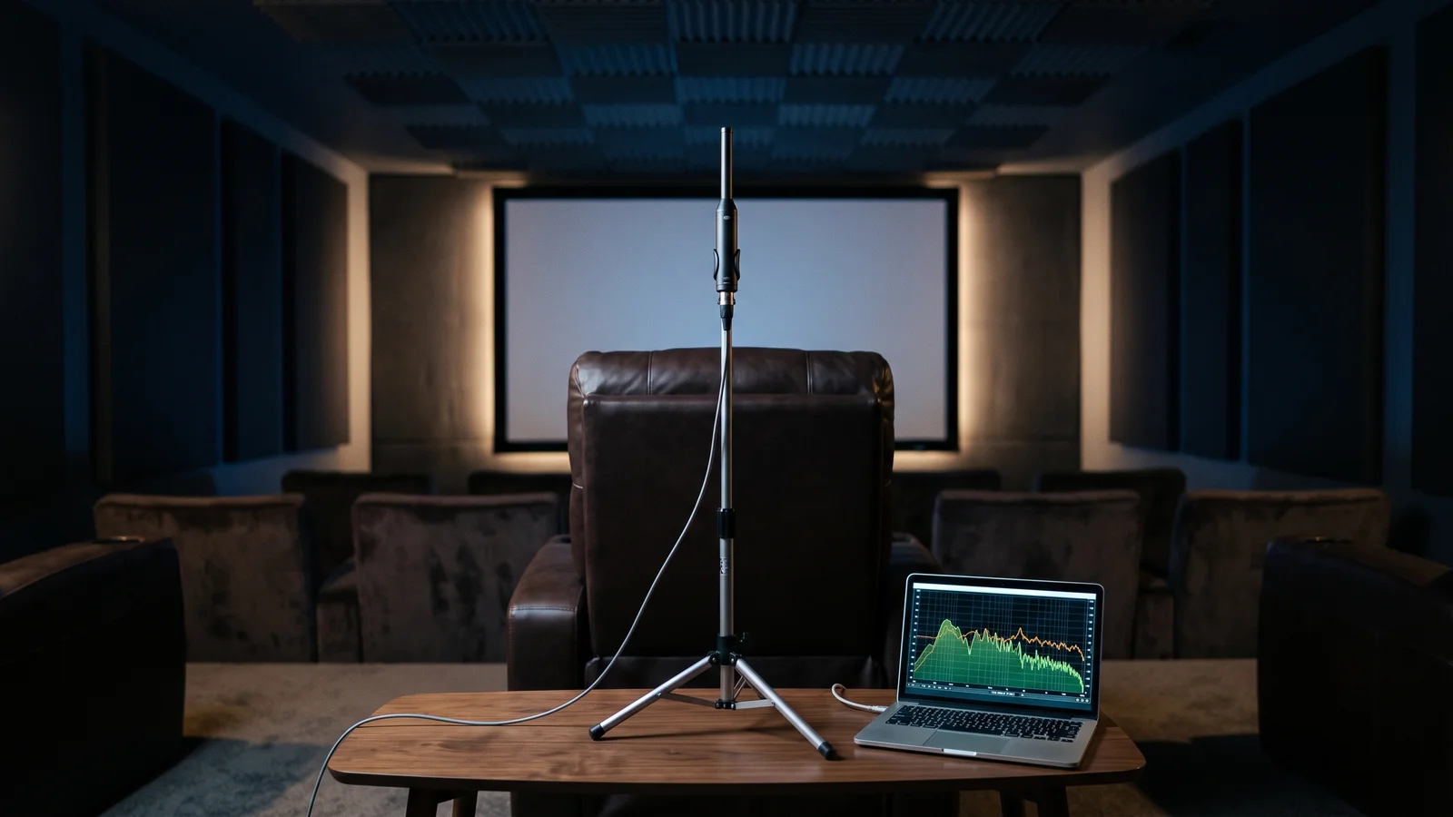 A calibration microphone on a stand at the main listening seat of a dim home theater, with a laptop on the coffee table showing a frequency-response curve
