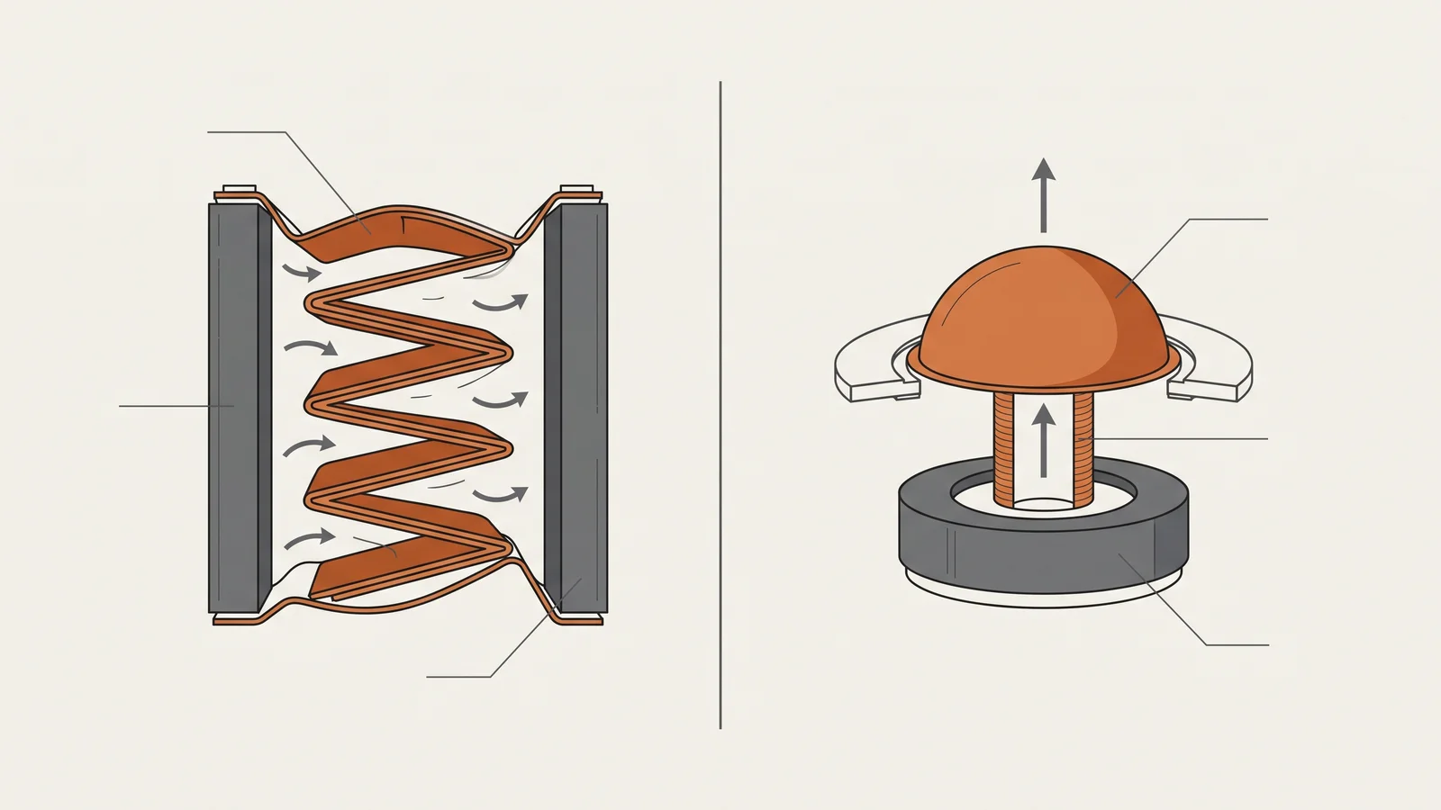 A labeled side-by-side technical cutaway comparing a folded-ribbon Air Motion Transformer tweeter with its pleated diaphragm against a conventional dome tweeter