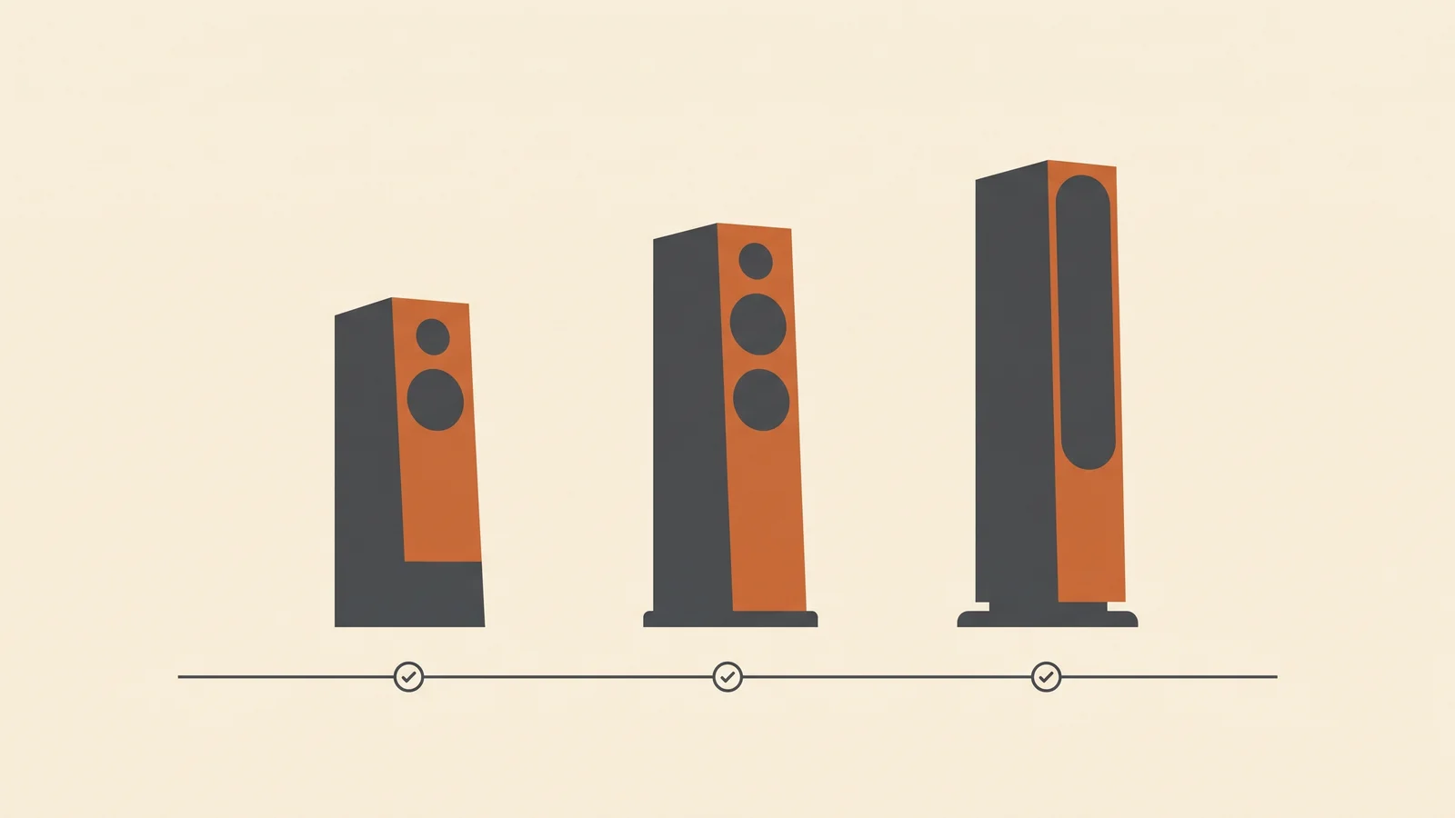 Three stylized loudspeaker tower silhouettes arranged left to right along a horizontal timeline, each slightly taller and more refined than the last, marked with the years 1972, 1990, and 2010
