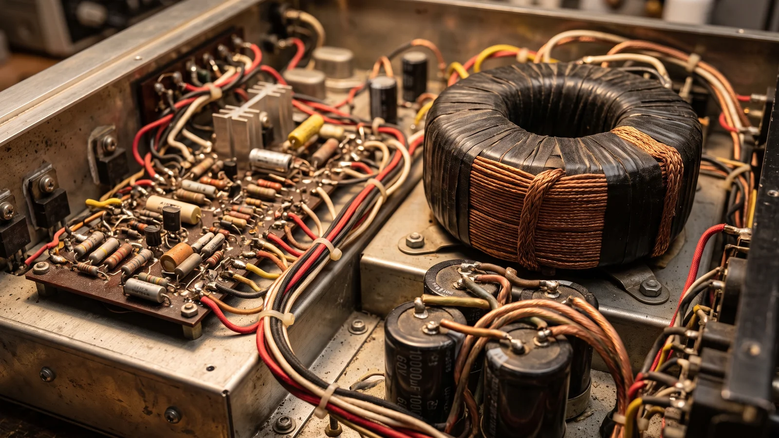 The internal chassis of a heavy vintage stereo amplifier with the cover removed, showing a large toroidal power transformer, big filter capacitors, and hand-wired point-to-point circuitry, illustrating Sansui's transformer heritage