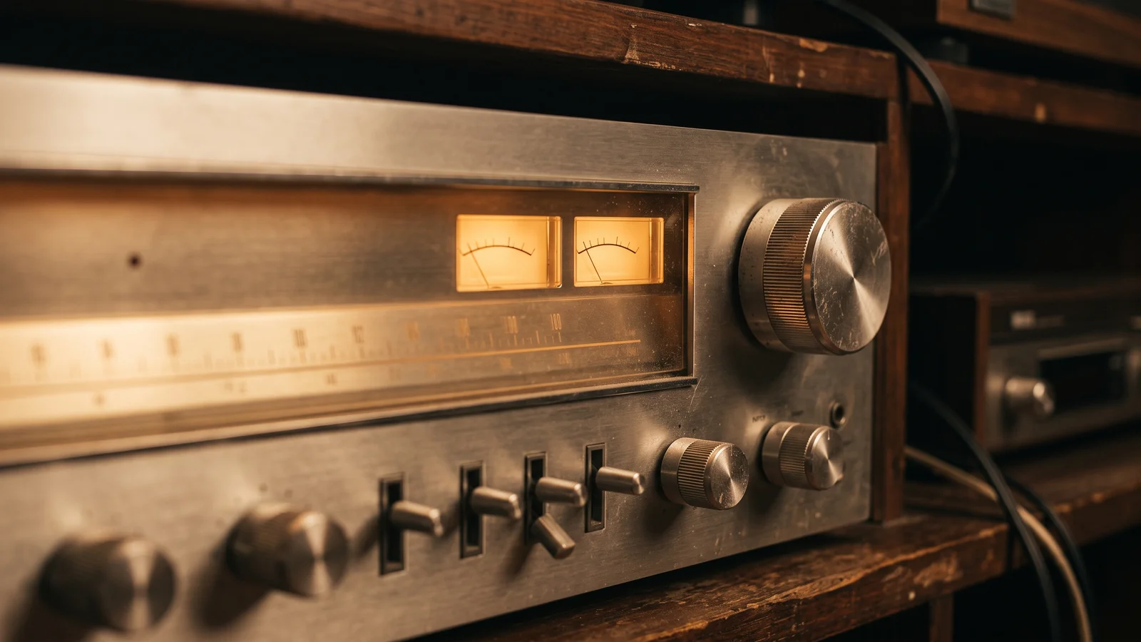 Close-up of a heavy silver-faced 1970s stereo receiver on a shelf, showing large aluminum tuning knobs, a lit dial scale, and dual VU meters glowing amber in a dim room