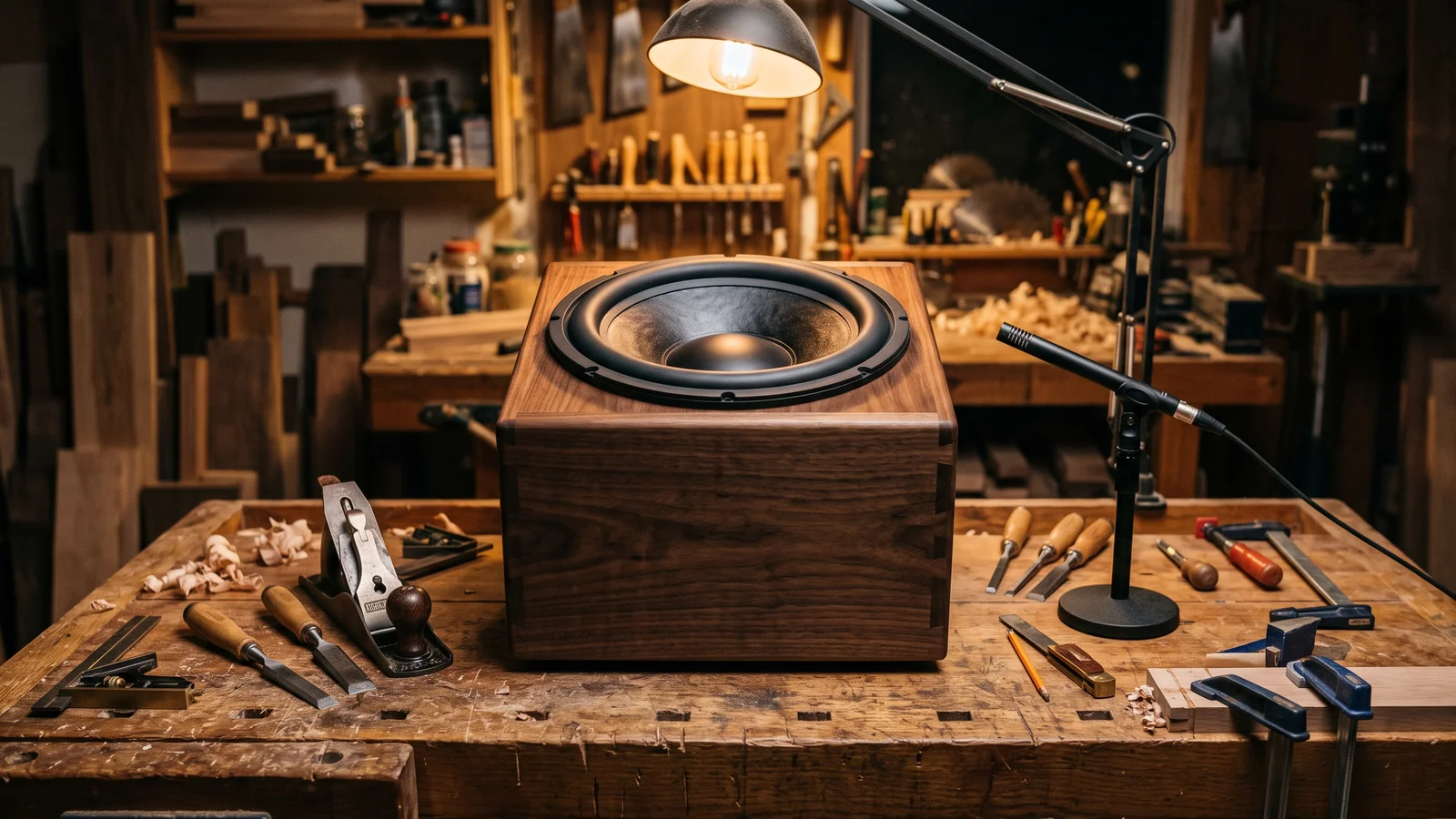 A hardwood sealed subwoofer cabinet with its driver cone on a craftsman's workbench surrounded by hand tools and a measurement microphone