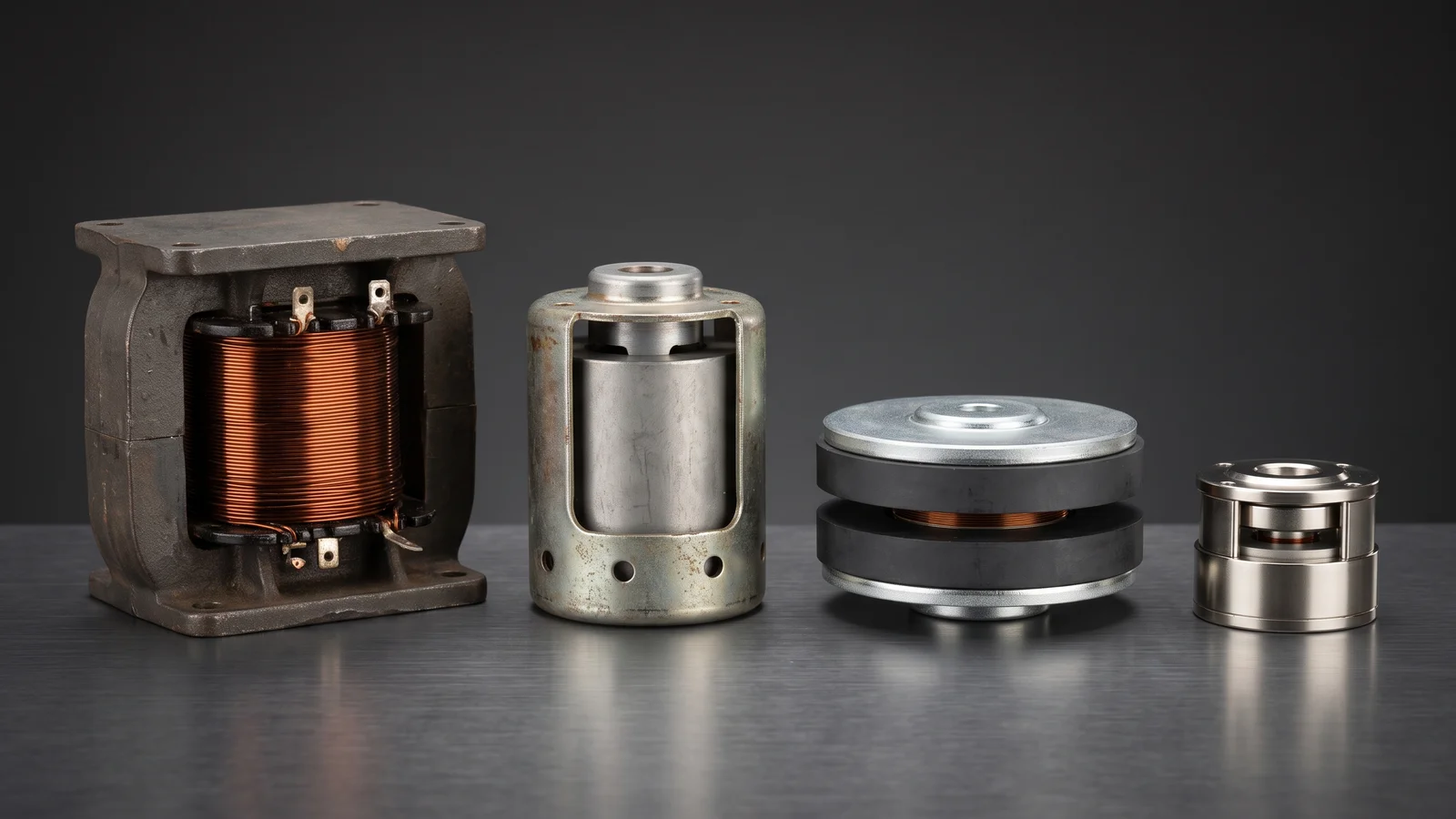 A row of speaker driver motors and magnets arranged from a large field-coil era motor to a small modern neodymium motor, showing the evolution of speaker magnet materials