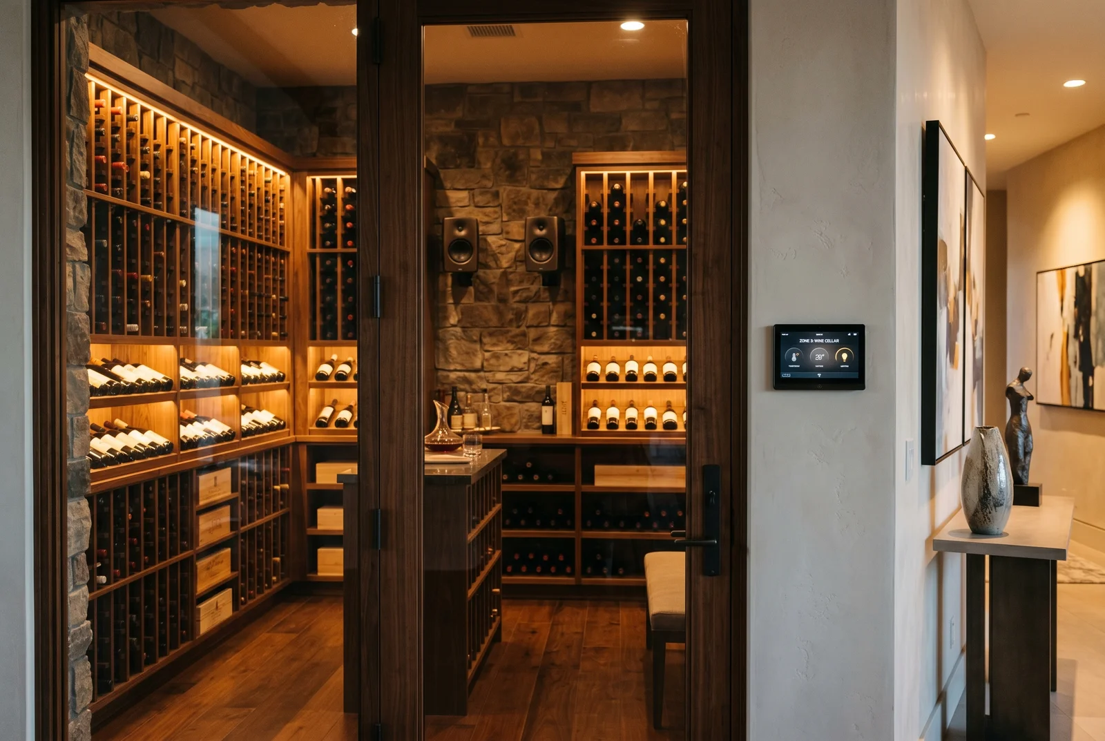Interior photograph of a luxury residential wine cellar viewed through a glass d — Specialty Audio Rooms Paradise Valley AZ