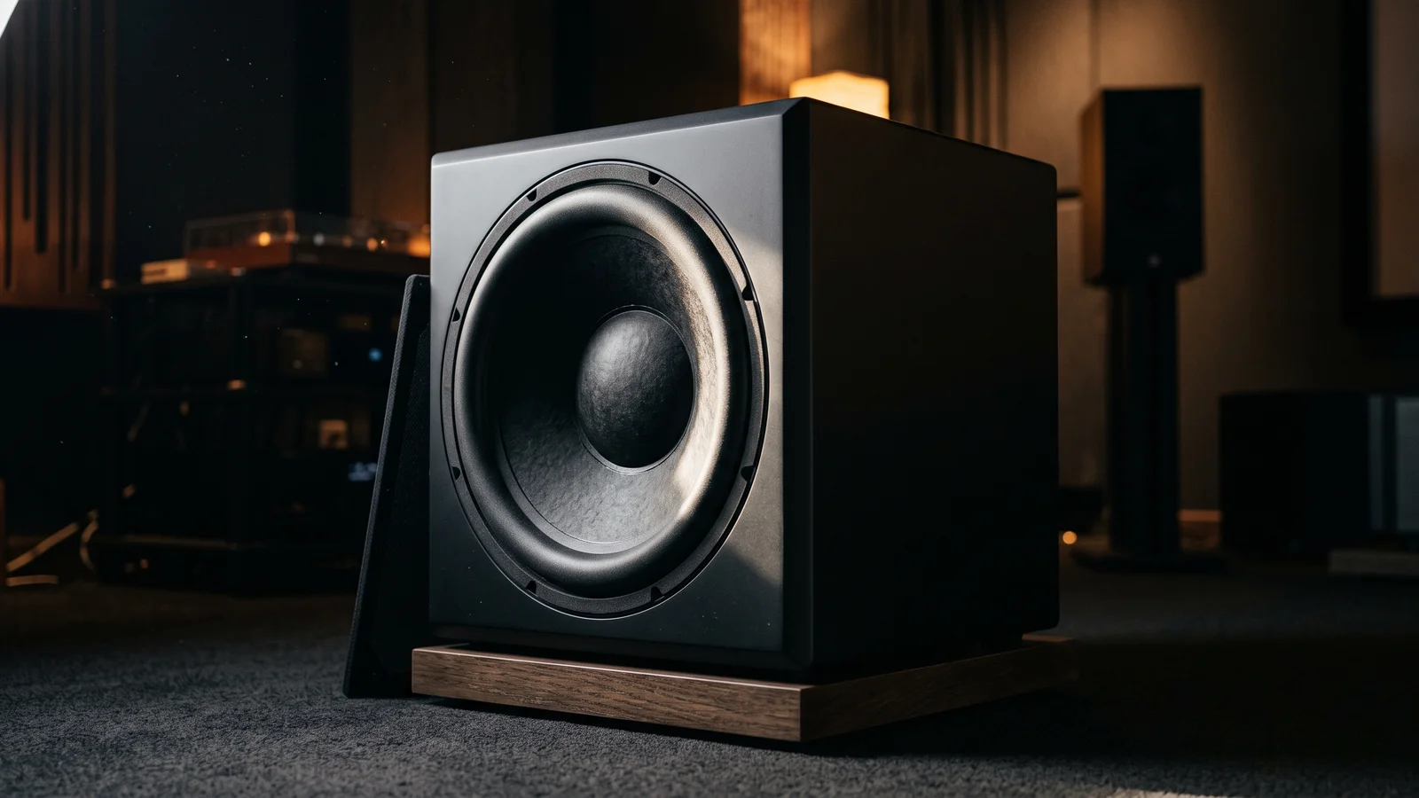 A single large sealed subwoofer cabinet in a dim listening room, dramatic side lighting picking out the cone and cabinet edges