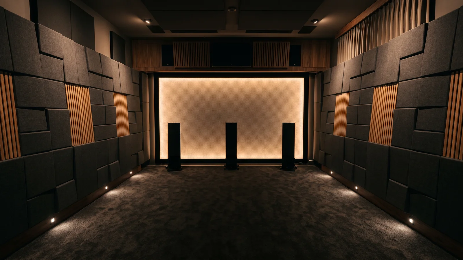 A treated home-theater room showing dark acoustic panels on angled walls and a perforated acoustically-transparent projection screen with speakers visible behind it