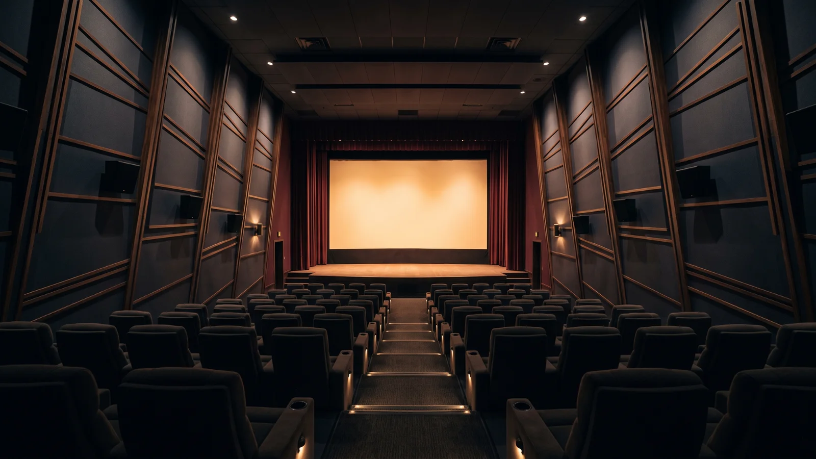 A reference cinema auditorium with acoustically treated non-parallel walls and a large glowing screen, illustrating the THX certification standard for movie sound