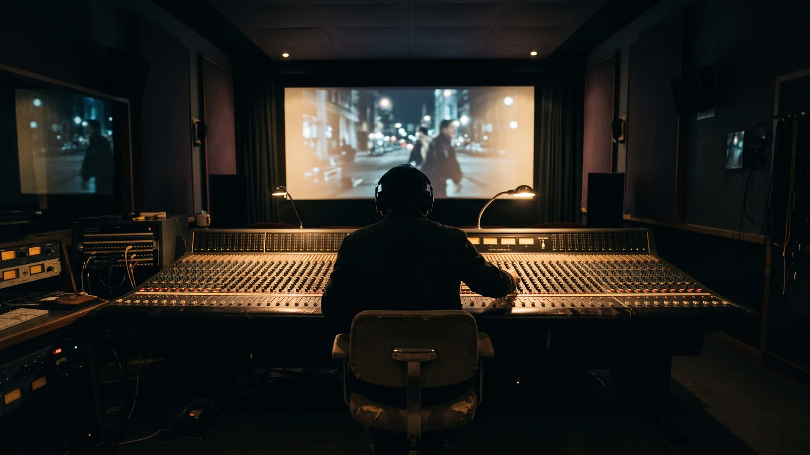 A film sound engineer working at a large mixing console on a dubbing stage, facing a cinema screen, illustrating where a movie soundtrack is mixed before THX checks the playback room