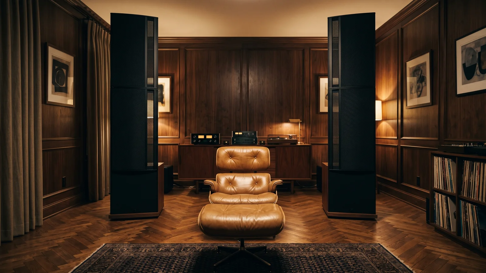 A towering four-panel dipole loudspeaker system flanking a dim 1980s high-end listening room with hardwood floors and a single leather chair, evoking a reference-grade speaker system