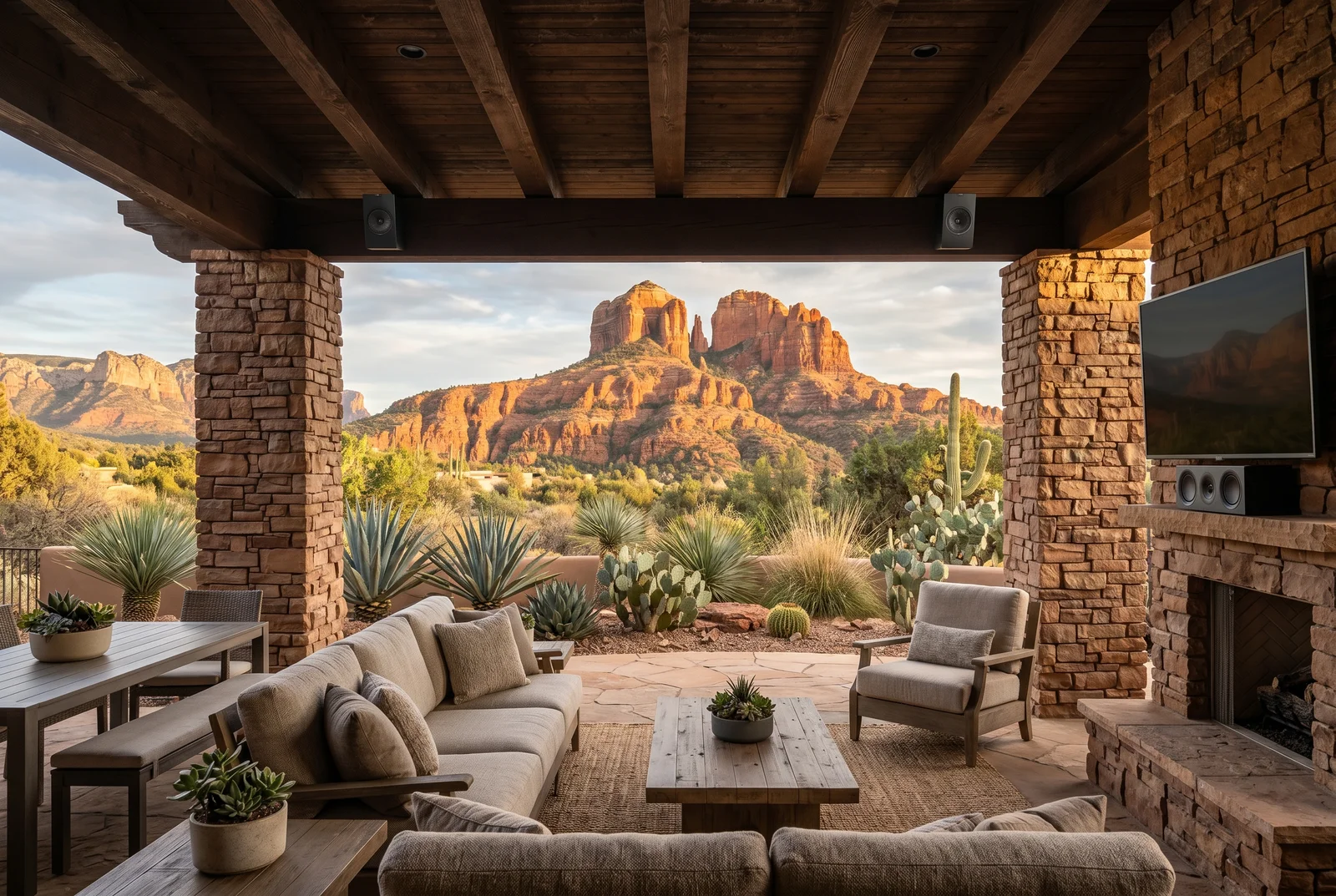 Professional photograph of a covered patio in Sedona Arizona with stacked stone  — Whole Home Audio Sedona AZ