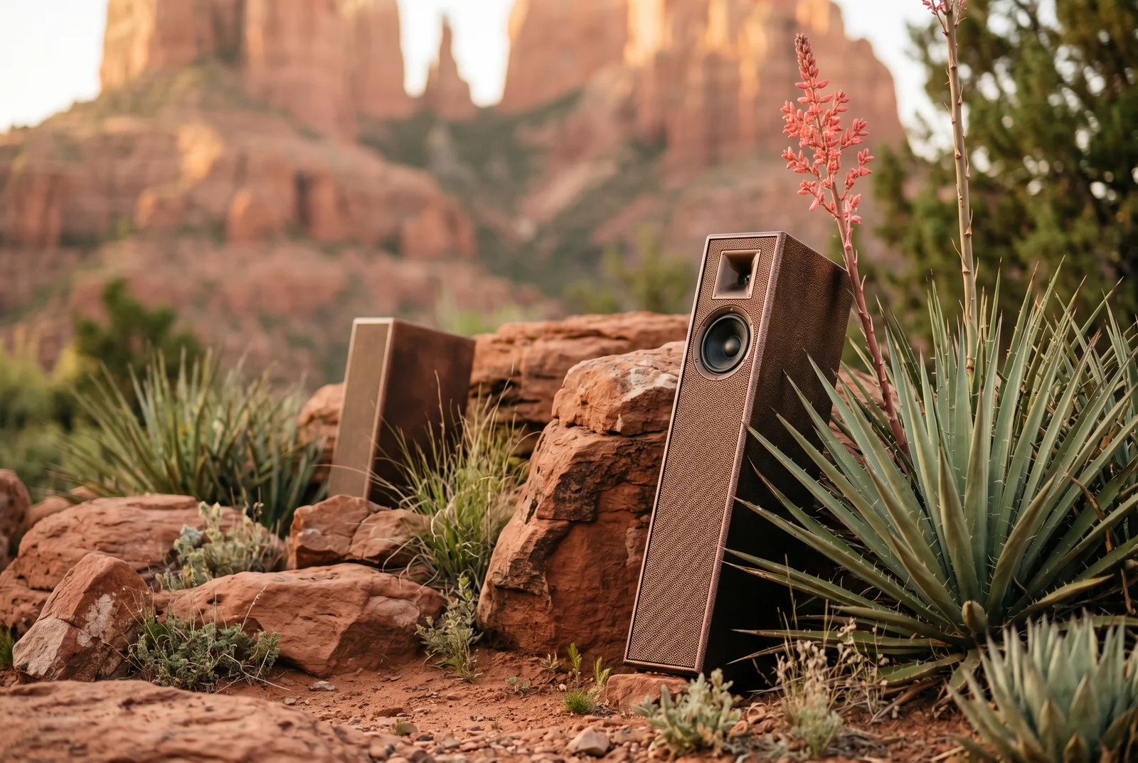 Close-up professional photograph of landscape speakers partially hidden among de — Whole Home Audio Sedona AZ