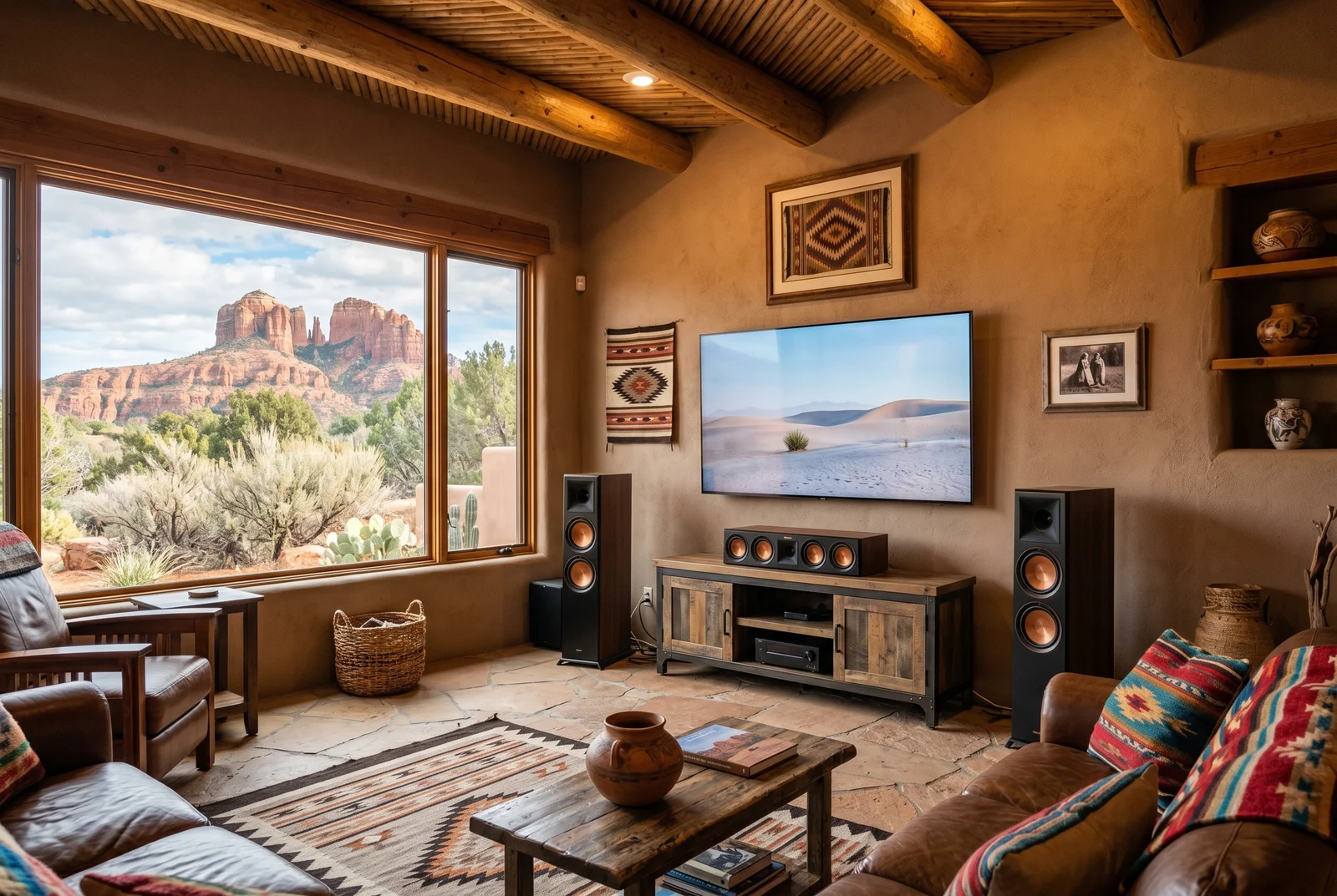 Interior photograph of a southwestern-style living space with exposed latilla an — Whole Home Audio Sedona AZ