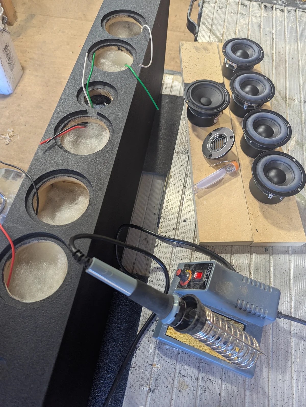 WubWub Audio center channel speaker with drivers and wiring being assembled on workshop bench