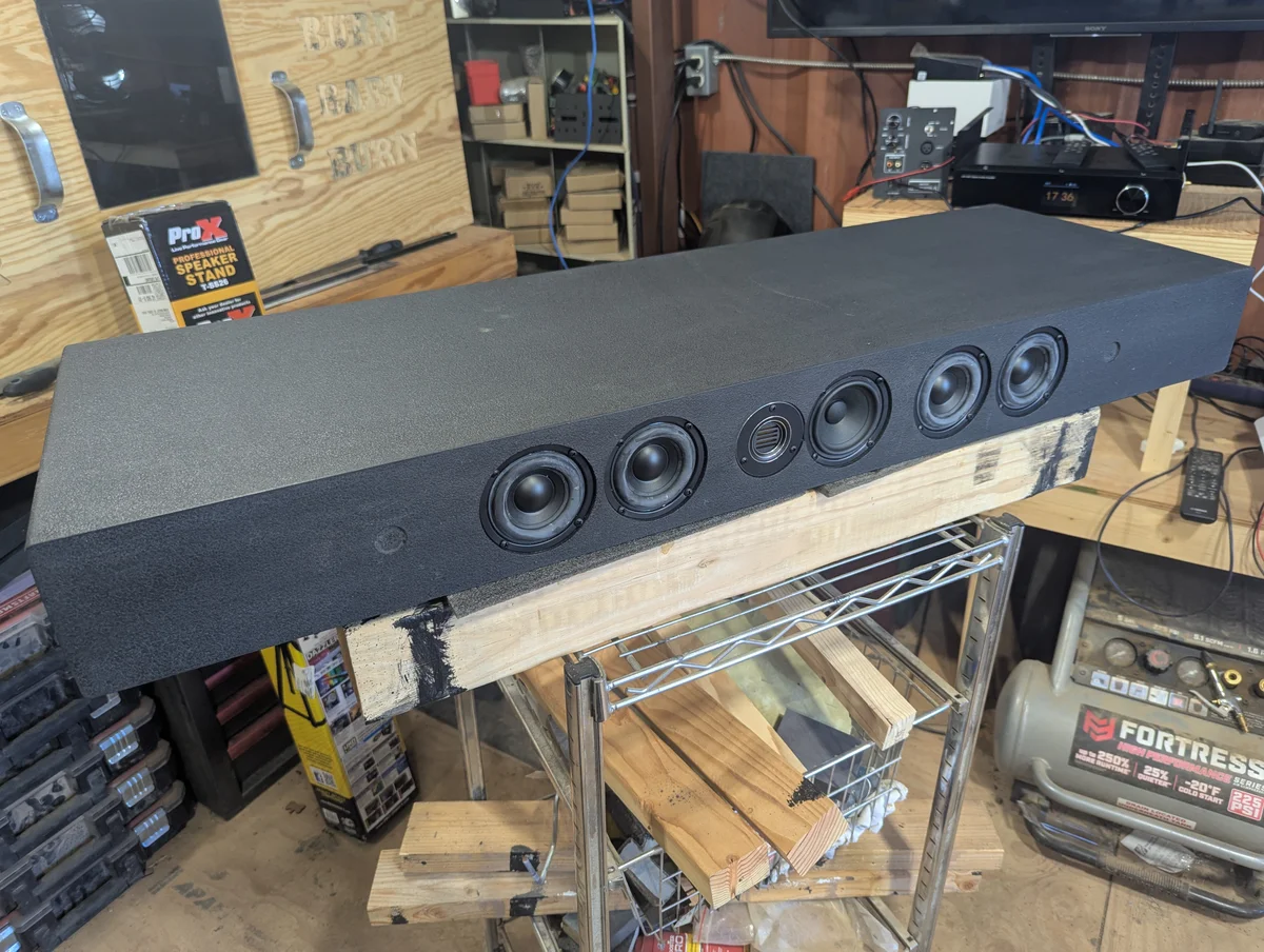 Finished WubWub Audio center channel speaker with all drivers installed in textured black coating