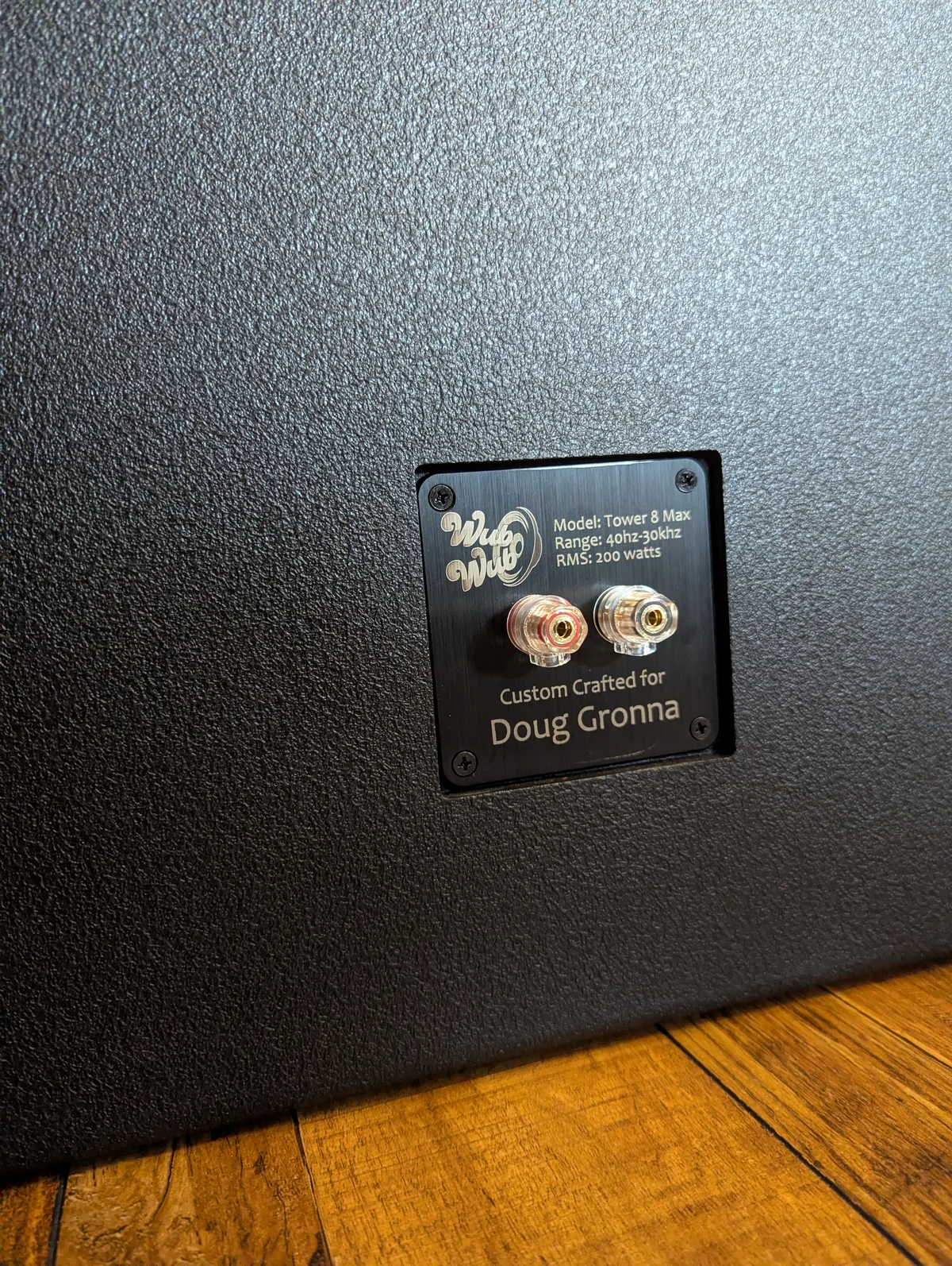 WubWub Audio nameplate on finished speaker reading Custom Crafted with model specs and binding posts