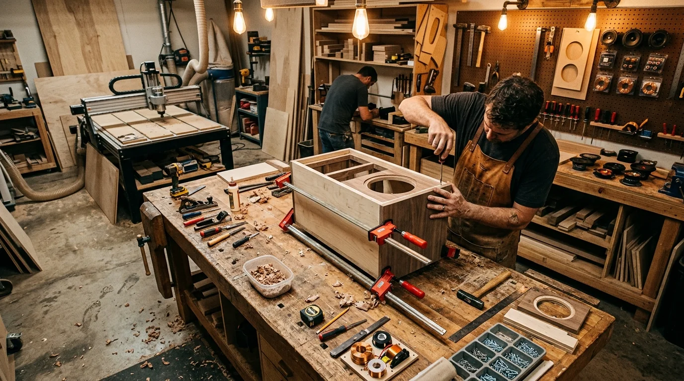 Custom speaker workshop with craftsman assembling cabinet in Arizona