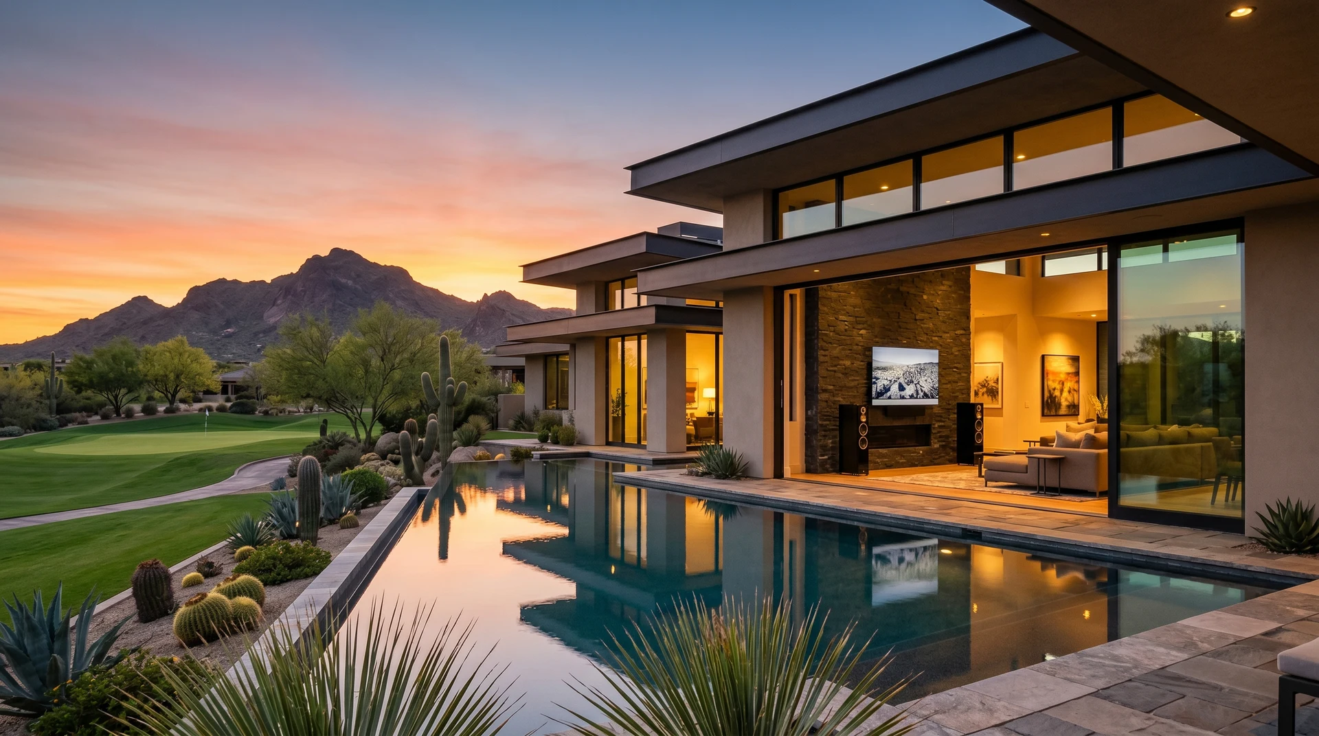 Luxury contemporary southwestern home in Anthem Arizona gated golf community at golden hour