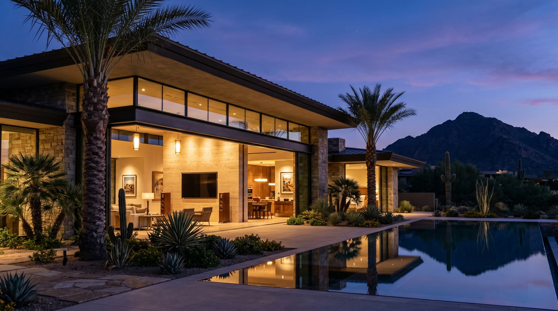 Frank Lloyd Wright-inspired luxury estate in Biltmore Camelback Corridor Phoenix Arizona at blue hour