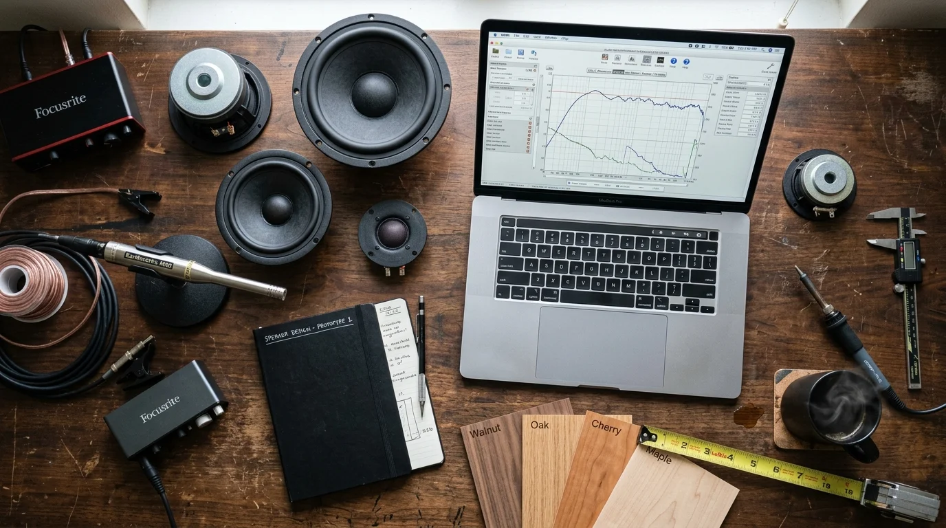 Speaker design desk with drivers measurement software wood samples and tools