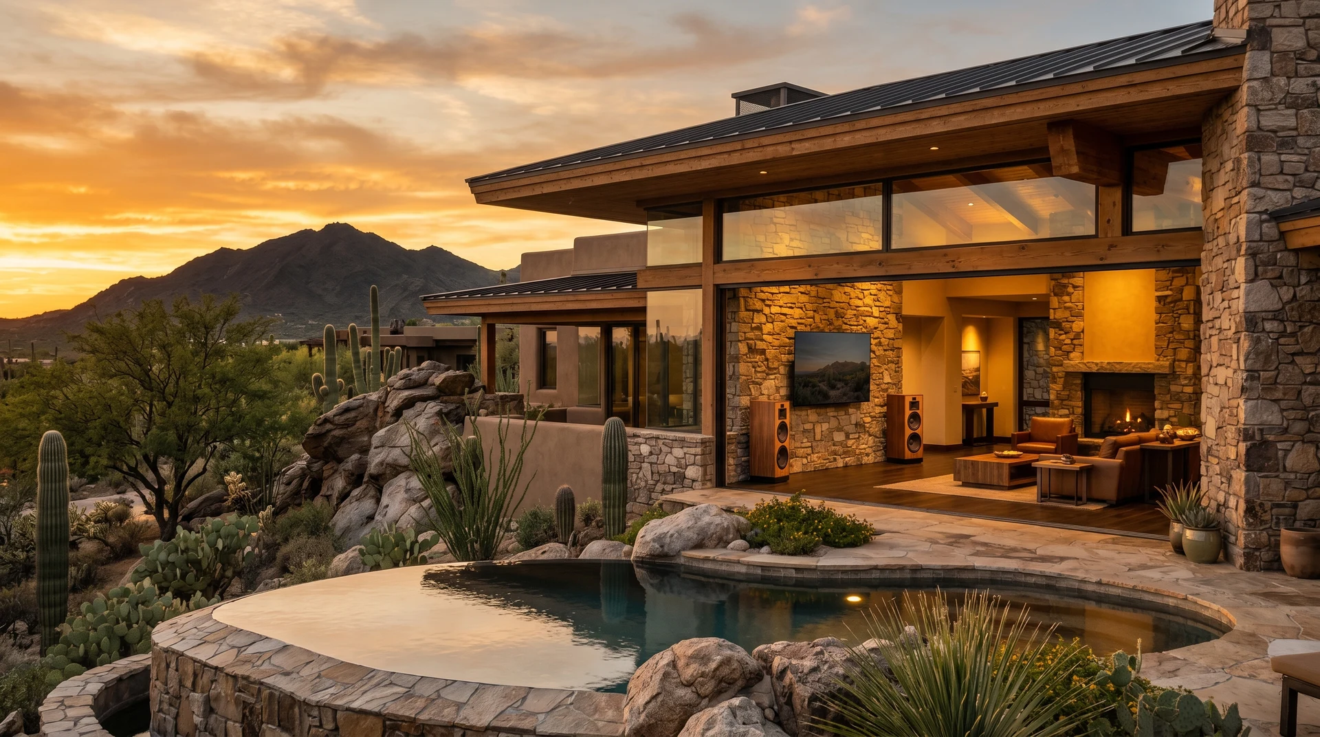 Luxury rustic-modern desert sanctuary home in Carefree Arizona with Black Mountain backdrop at golden hour