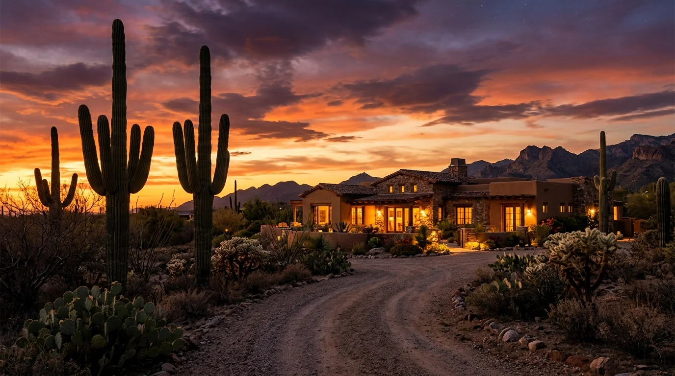Arizona desert home at sunset with saguaro cacti and warm interior light