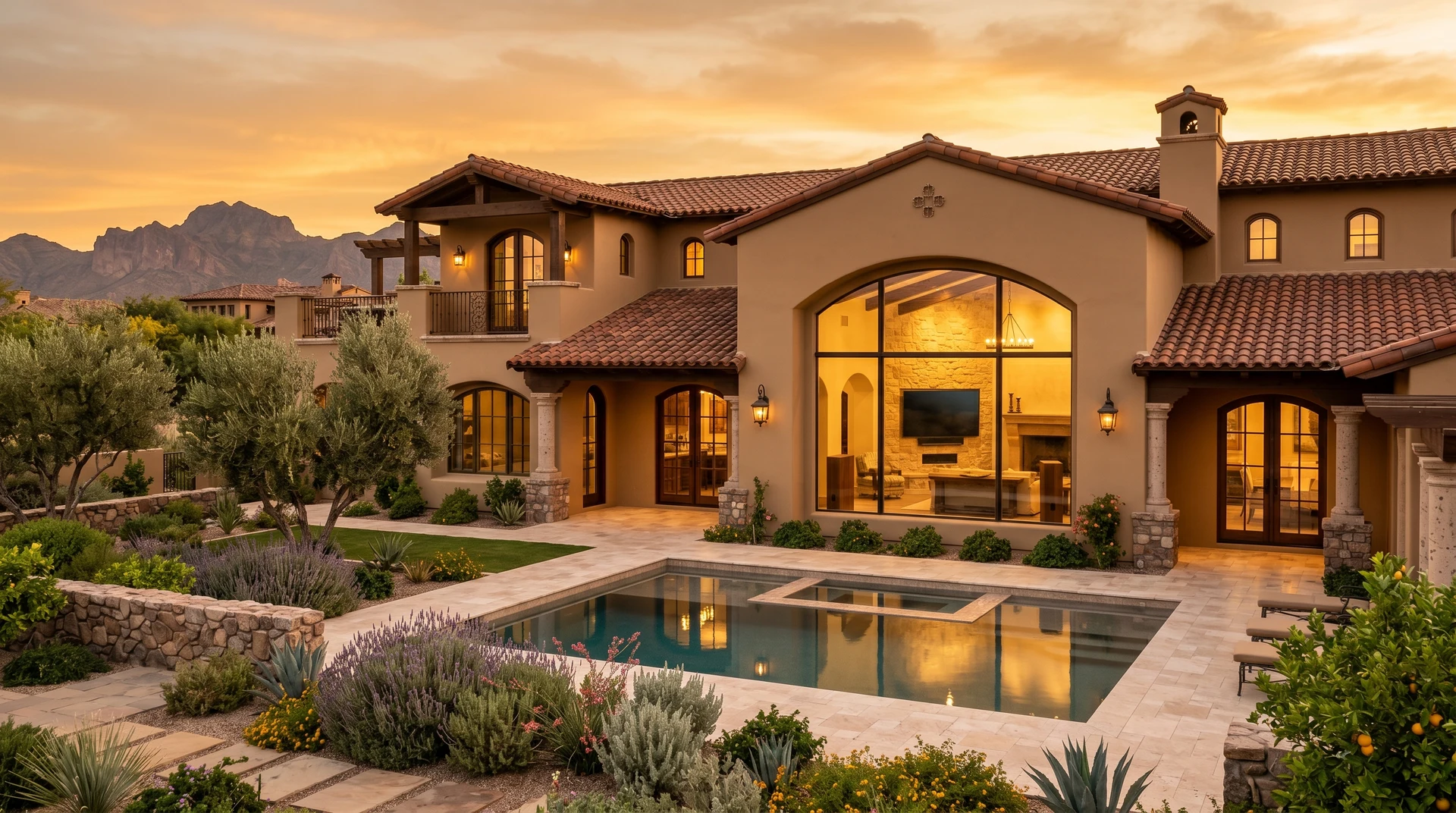 Aviano Tuscan villa with integrated home theater visible through arched window at sunset