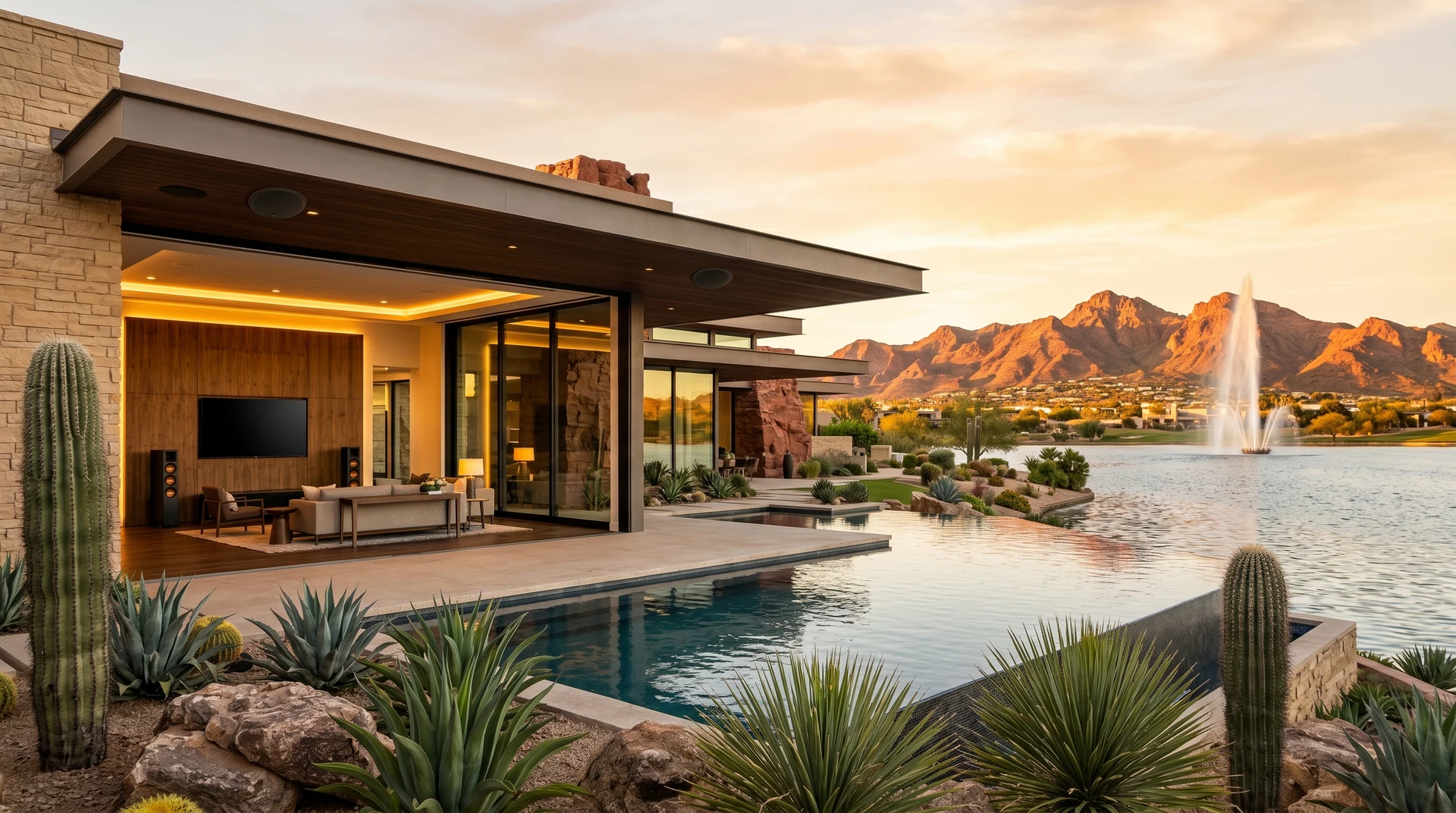 Luxury lakefront home in Fountain Hills Arizona with view of the iconic fountain and McDowell Mountains