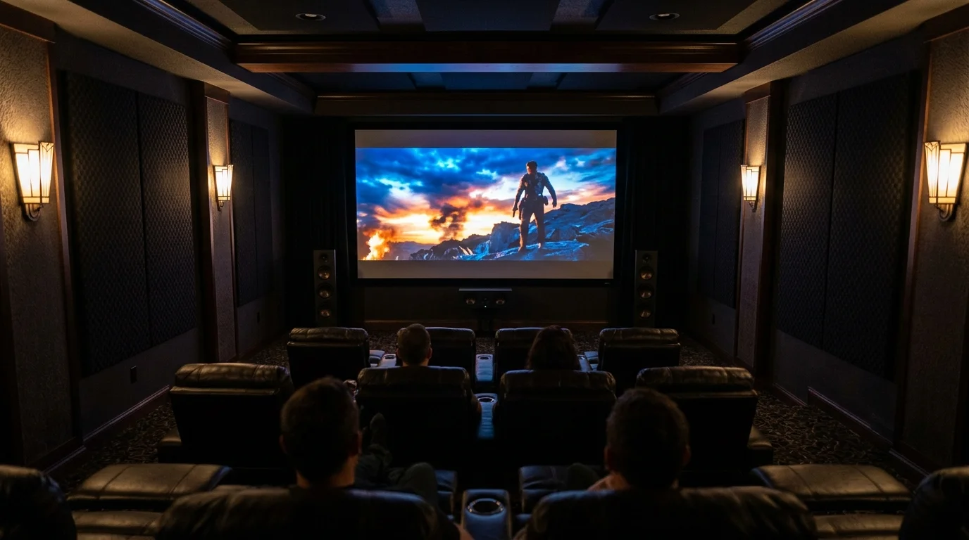 Luxury home theater room with projection screen custom speakers and theater seating