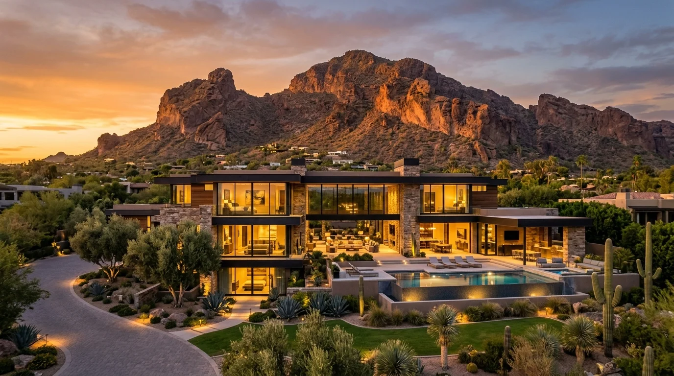 Luxury Paradise Valley Arizona estate with Camelback Mountain at sunset